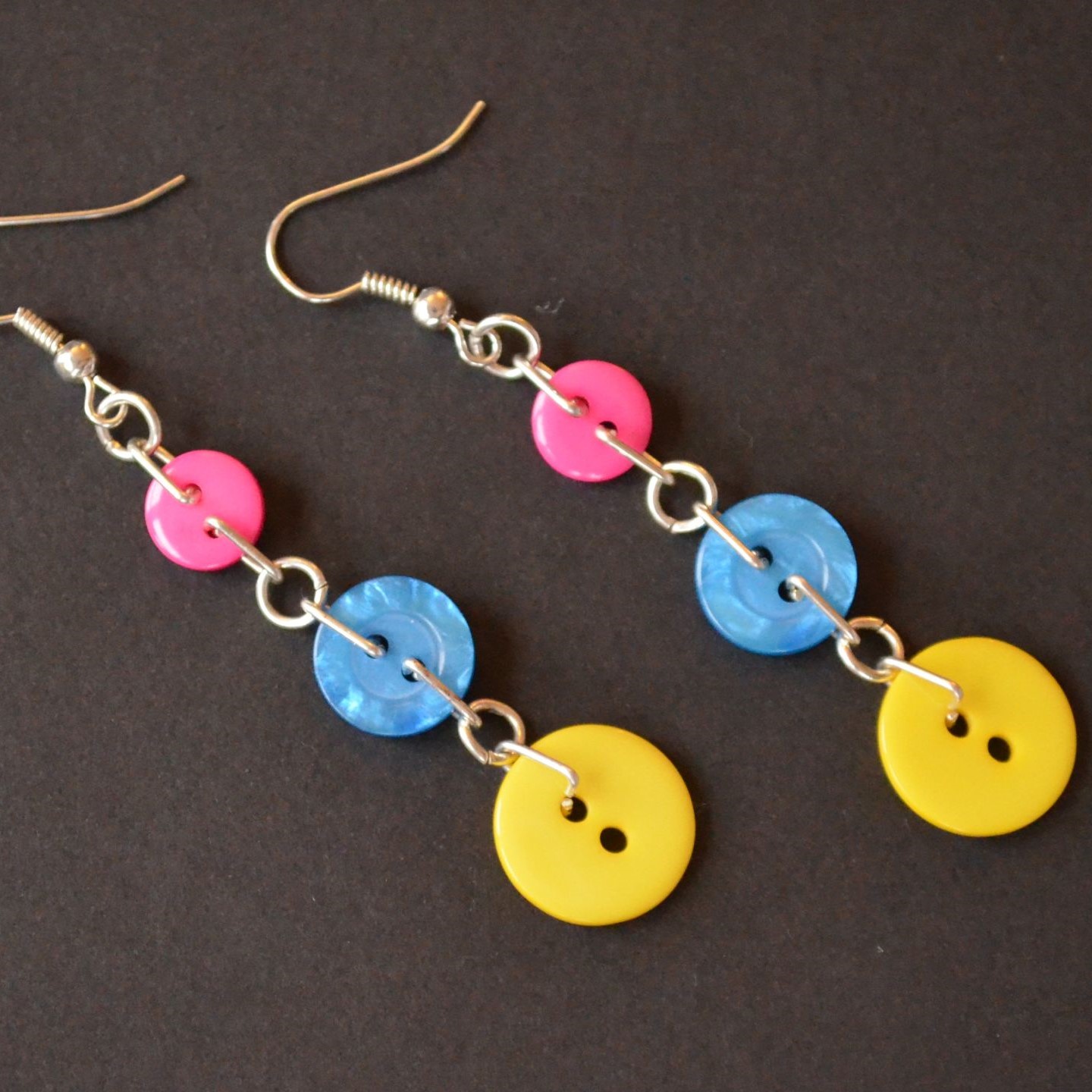 Multicoloured Rainbow Button Chain Drop Earrings