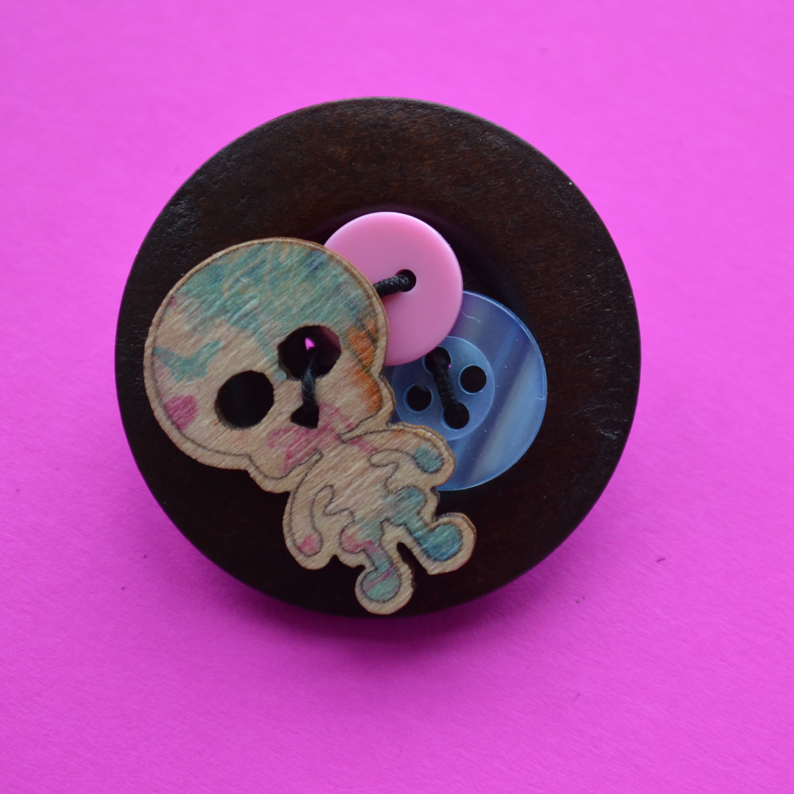 Skeleton Wooden Button Brooch