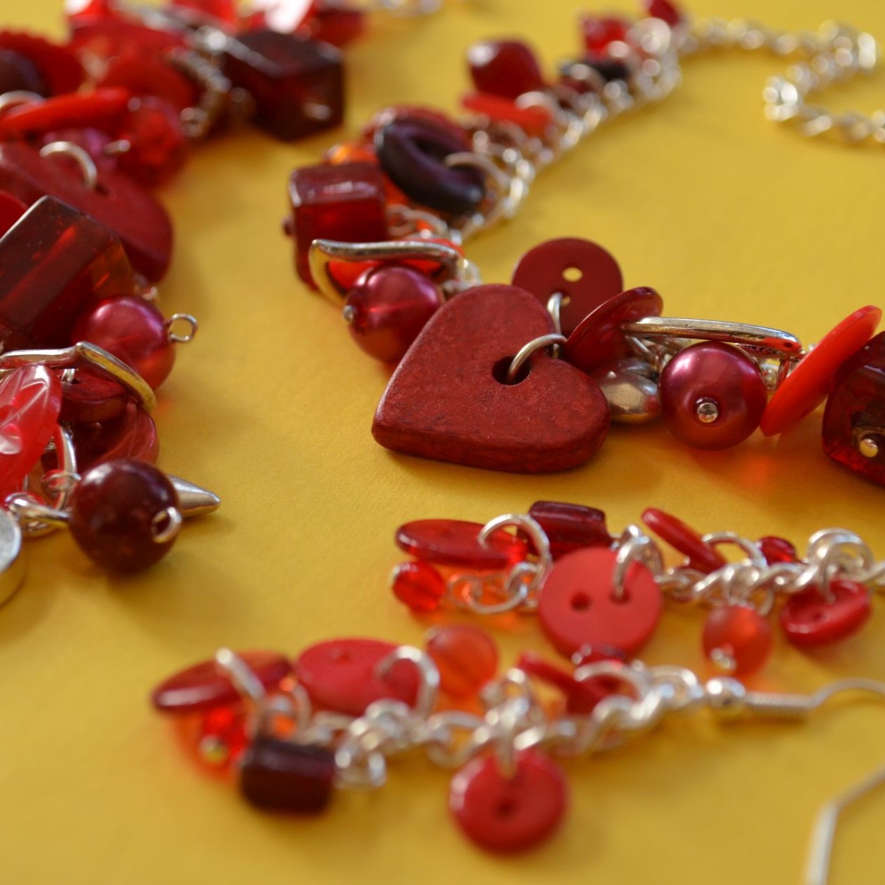 Red Button, Bead & Charm Heart Necklace