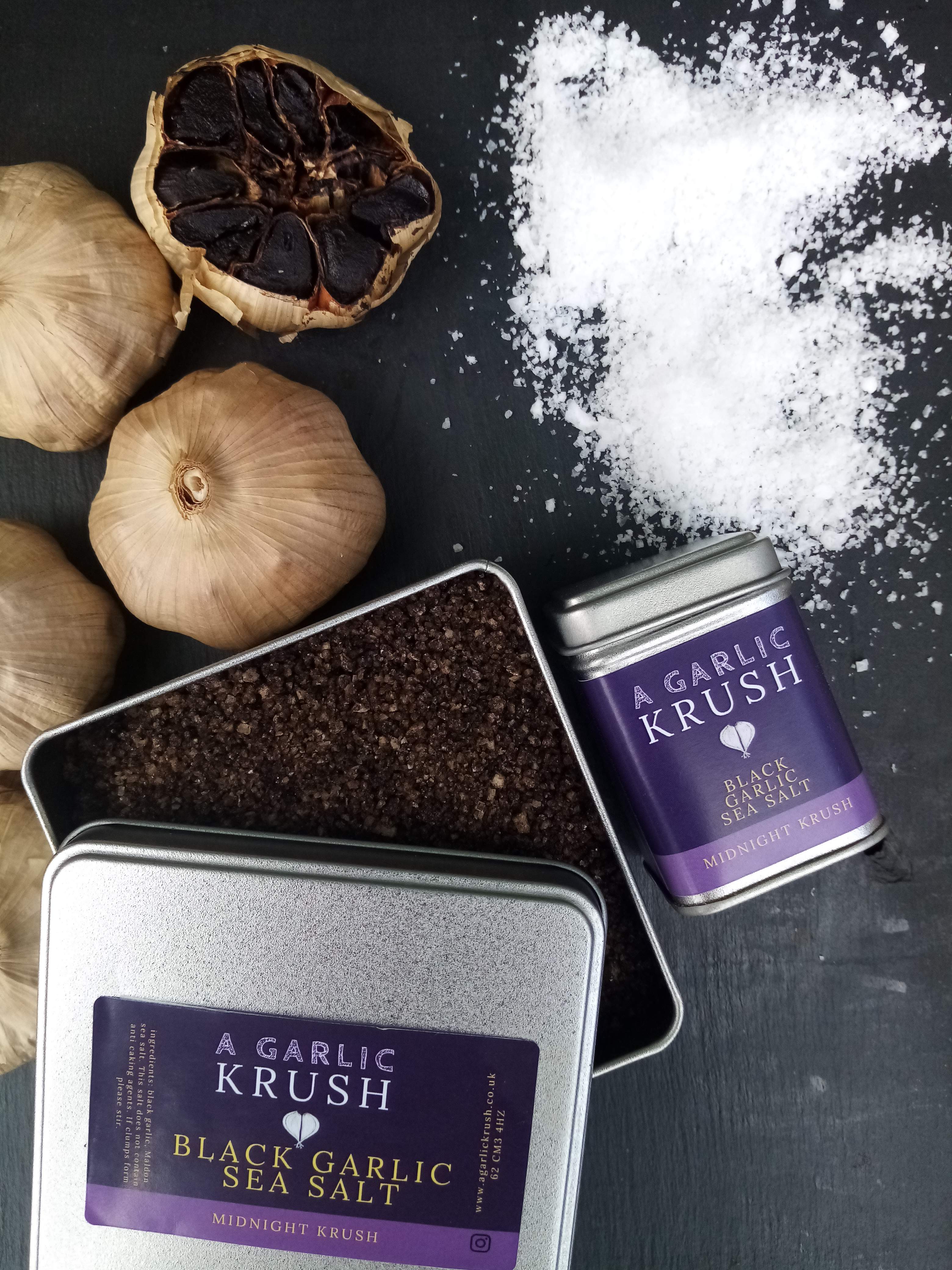Black Garlic Sea salt. Midnight Krush Chef tin 220 grams