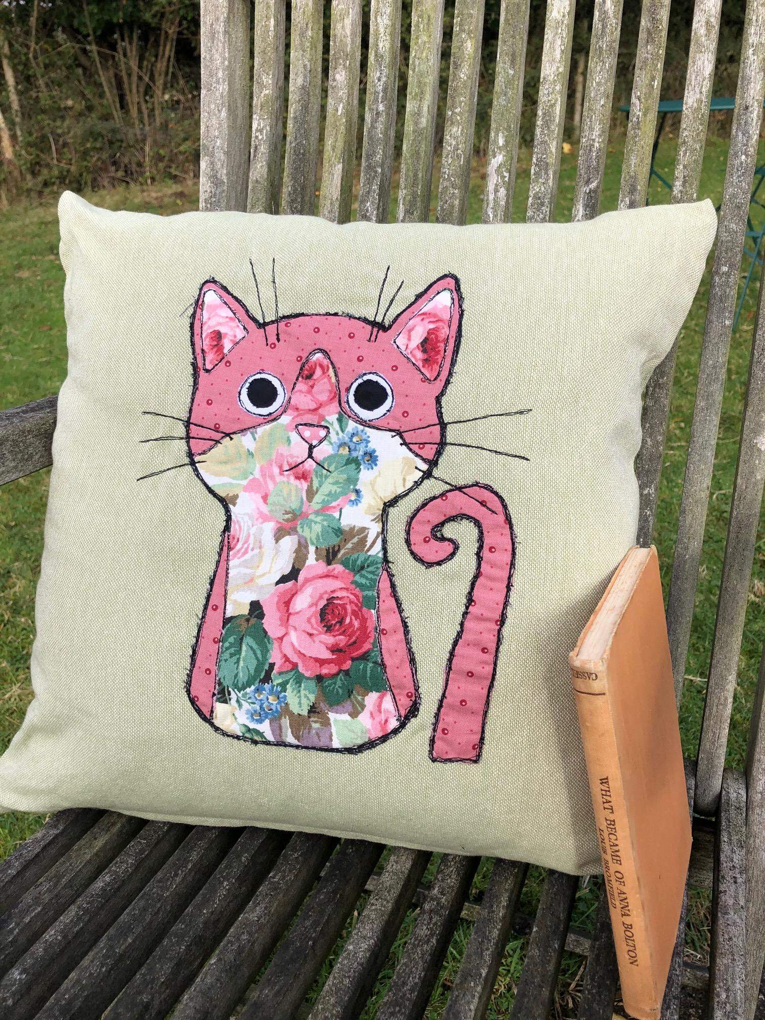 Free motion embroidered cat cushion. Can be customised - contact me for details.