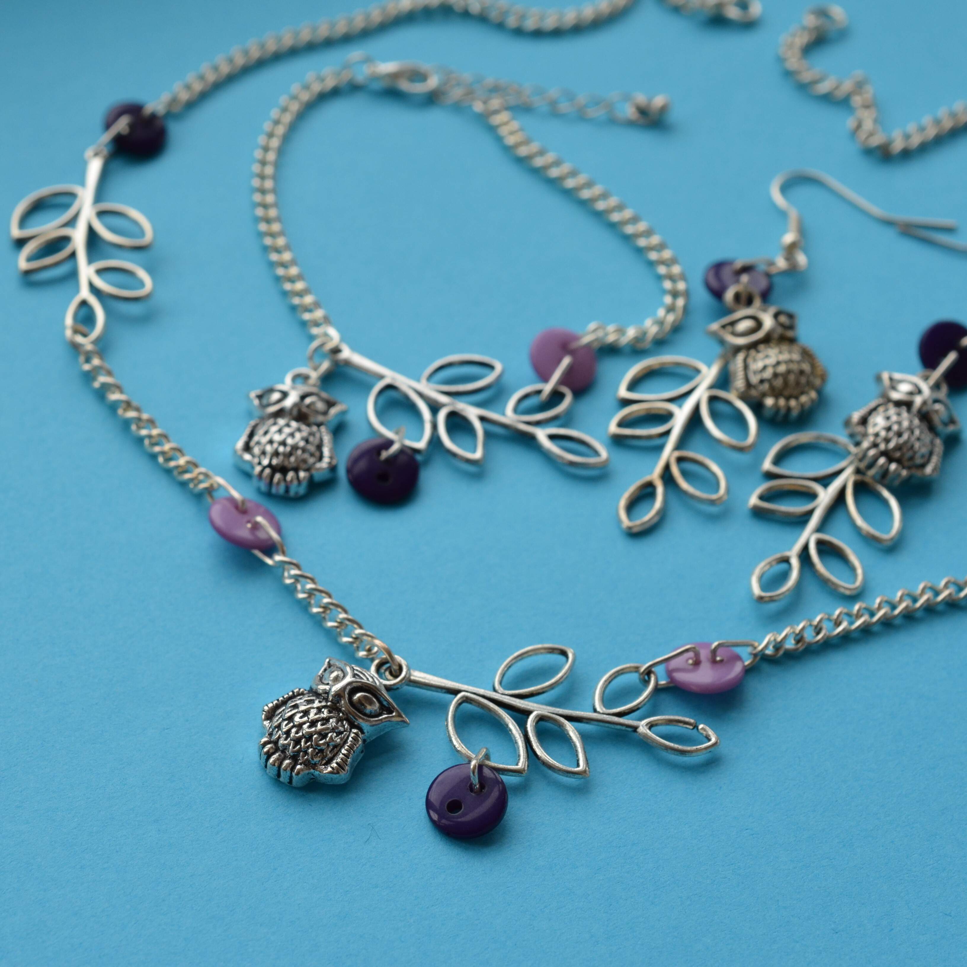 Purple Owl & Leaves Necklace
