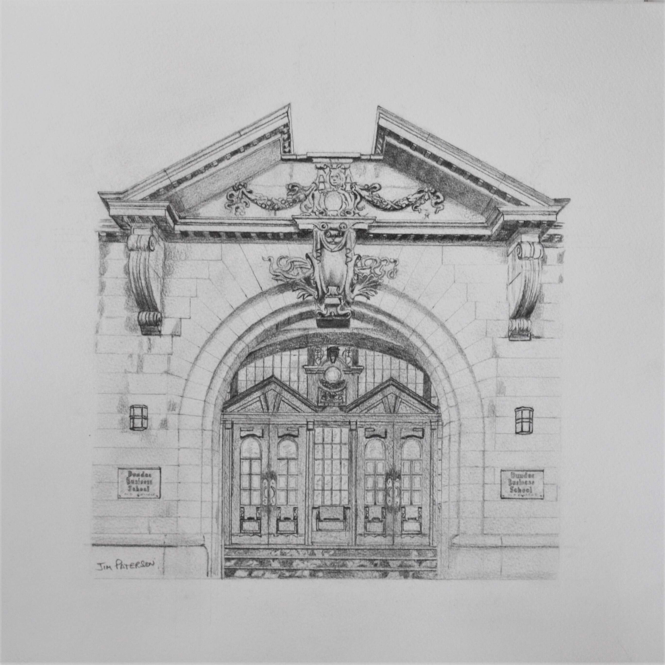 Entrance doorway to Dundee Business School drawn in graphite on A2 white HP cartridge paper