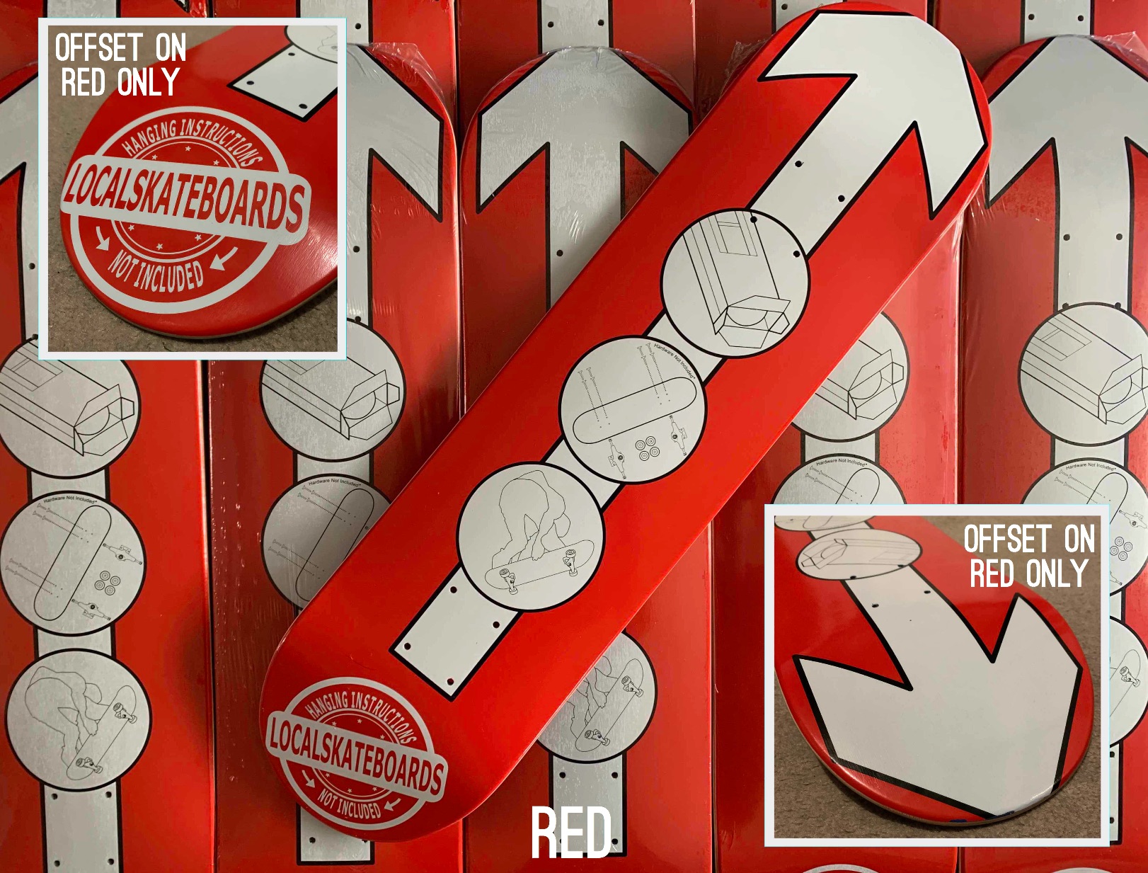 (OFFSET Red Graphic) Local Skateboards® No Hanging Instructions Deck
