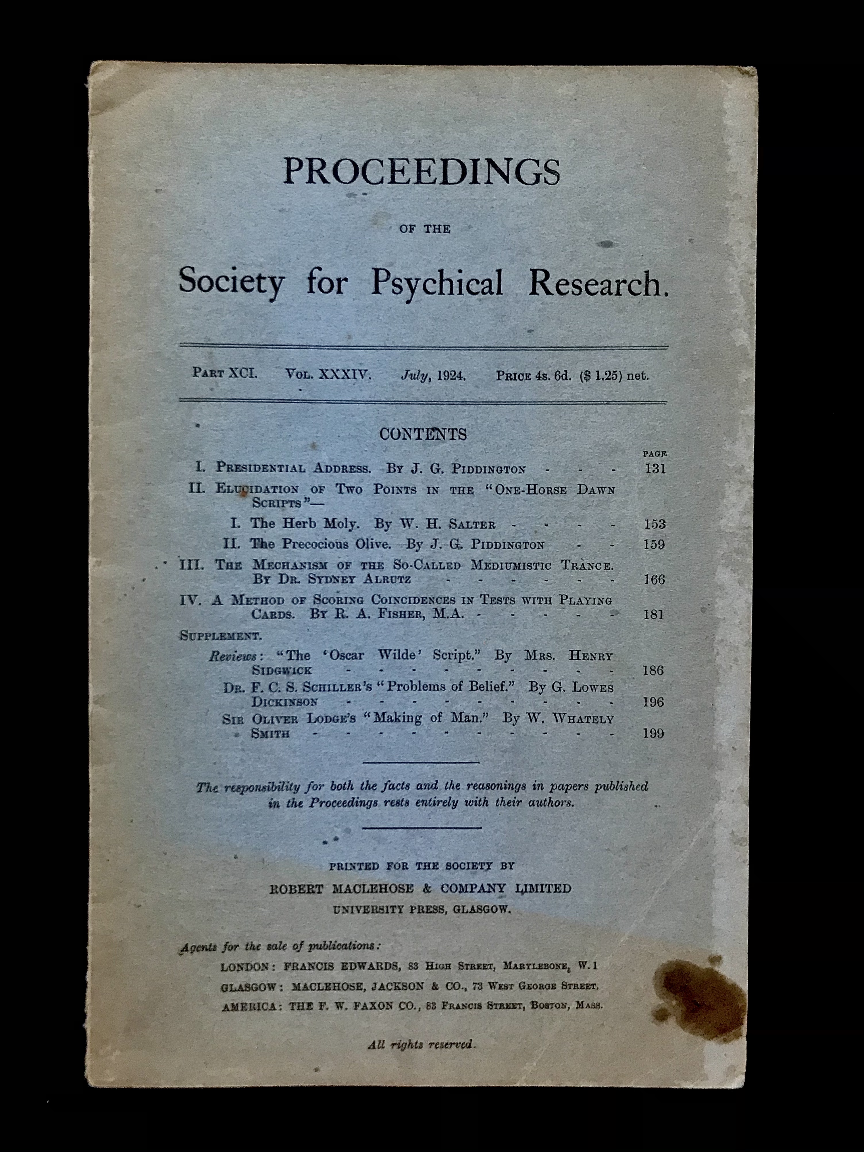 Proceedings of the Society for Psychical Research Vol. XXXIV