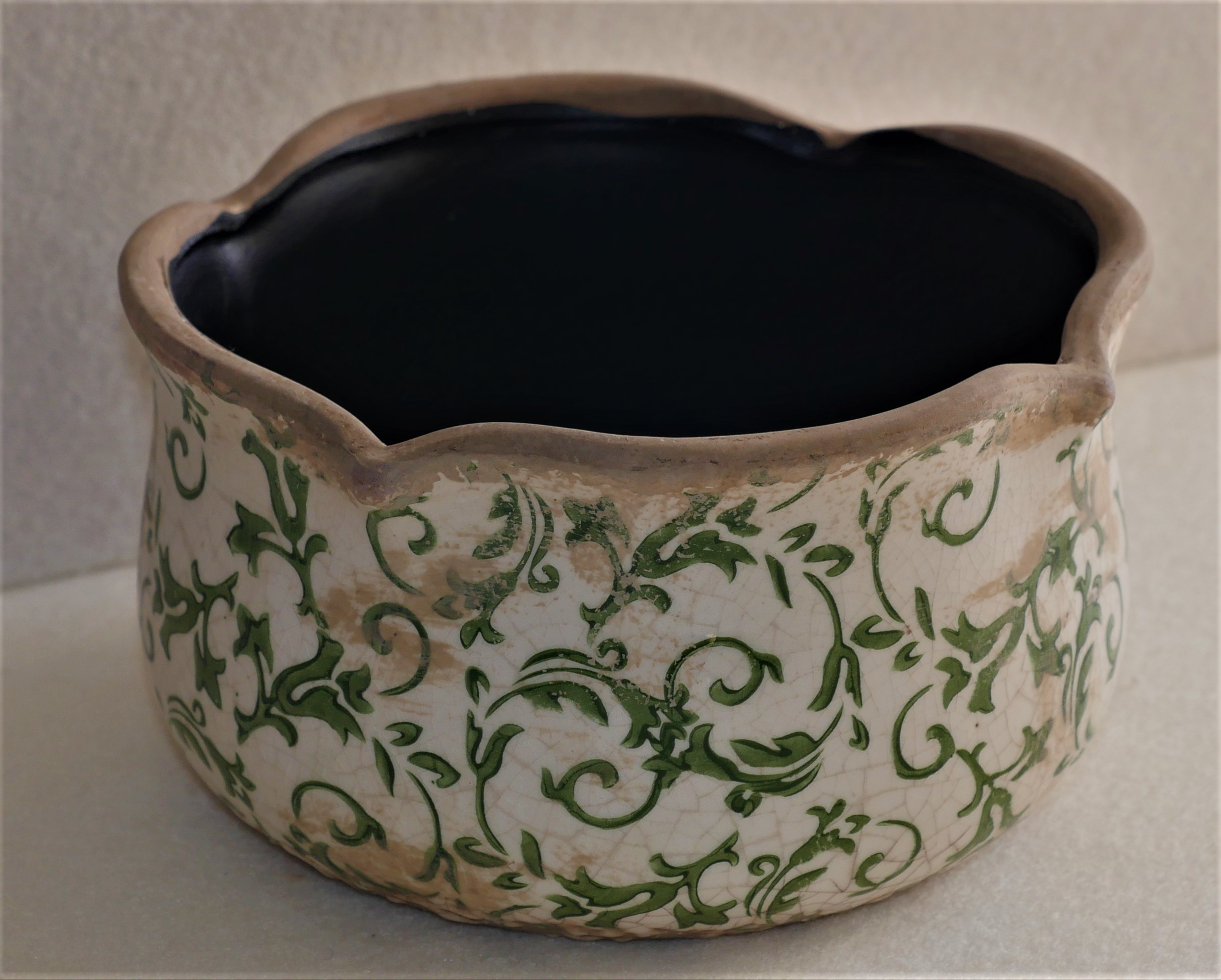 Pottery Green & White bowl for plant pot holder.