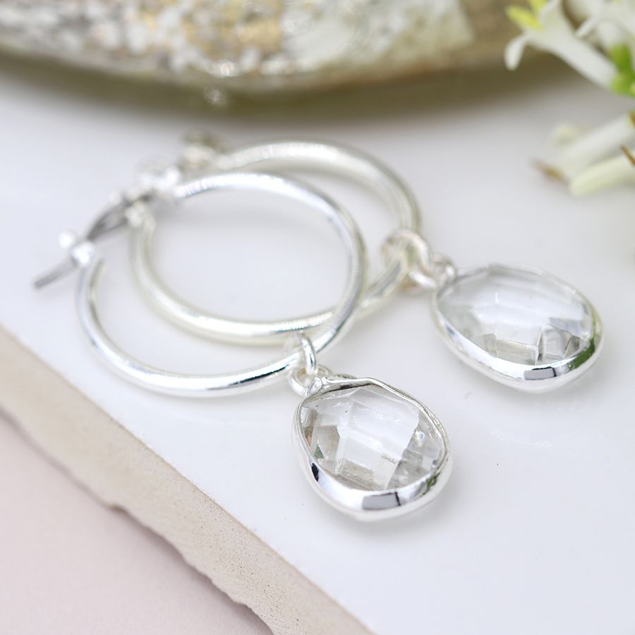 Silver Hoop Earrings with Clear Crystal Drops