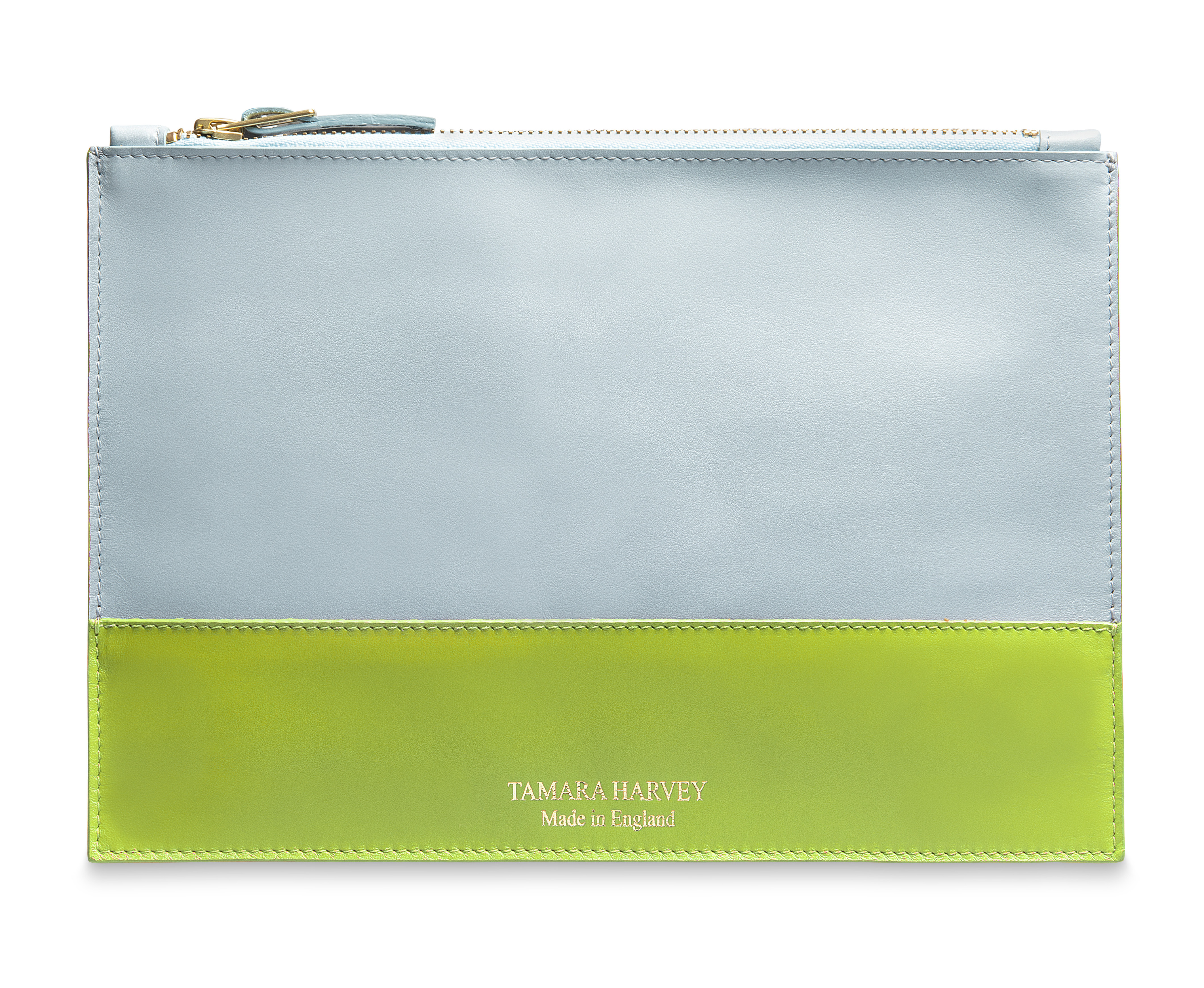 Duck Egg Blue and Lime Green Leather Zip Pouch