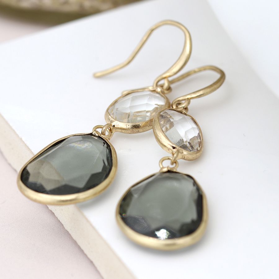 Gold Earrings with Smoky and Clear Crystal Drops