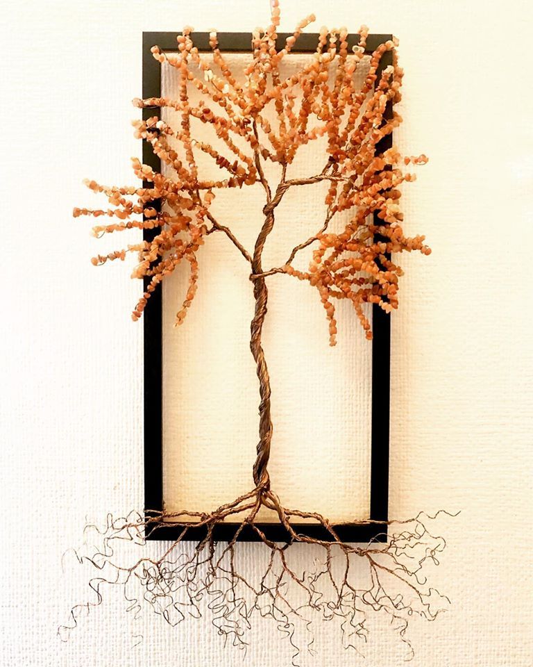 Tree of Life created using antique bronze wire and carnelian gemstone chips