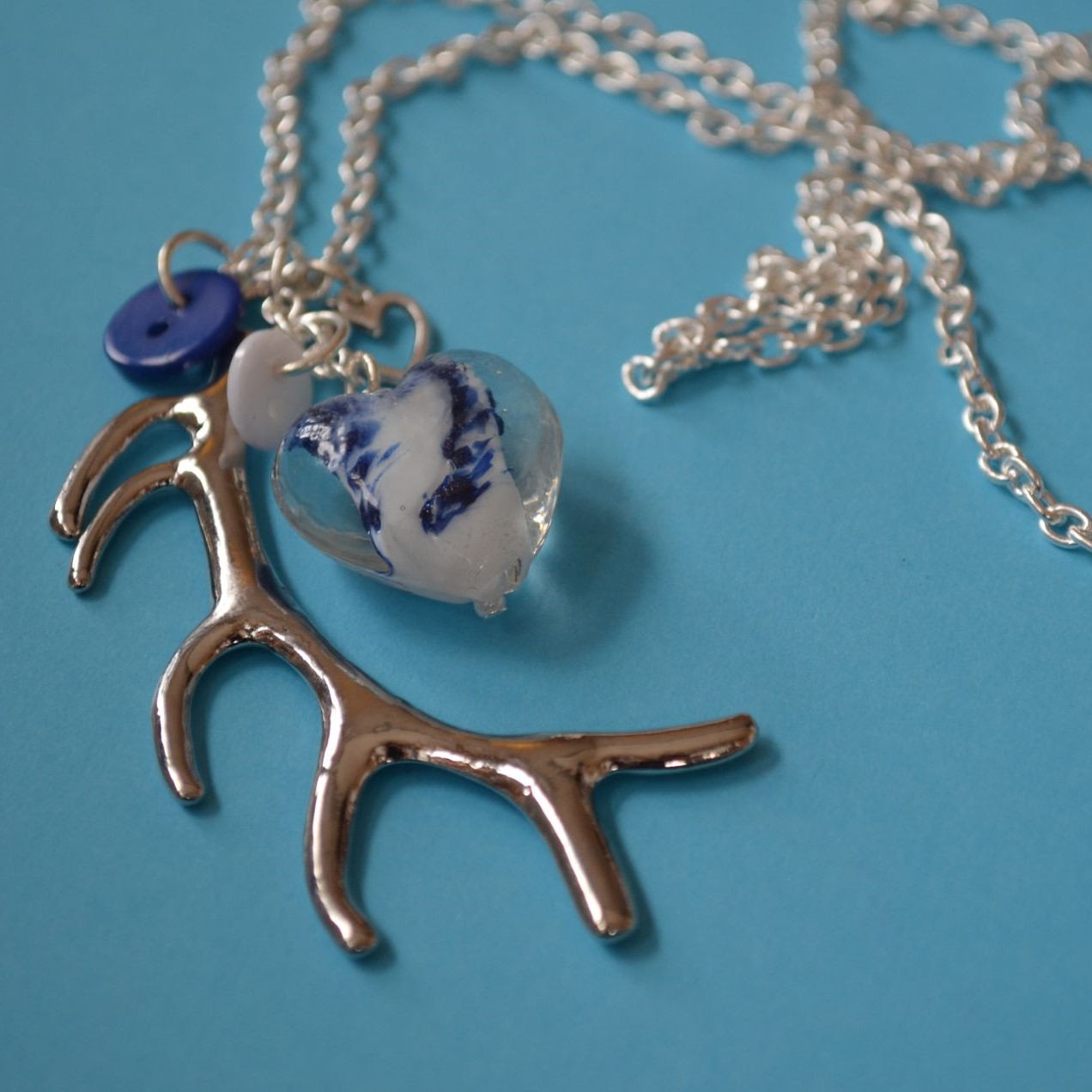 White & Blue Long Antler Necklace