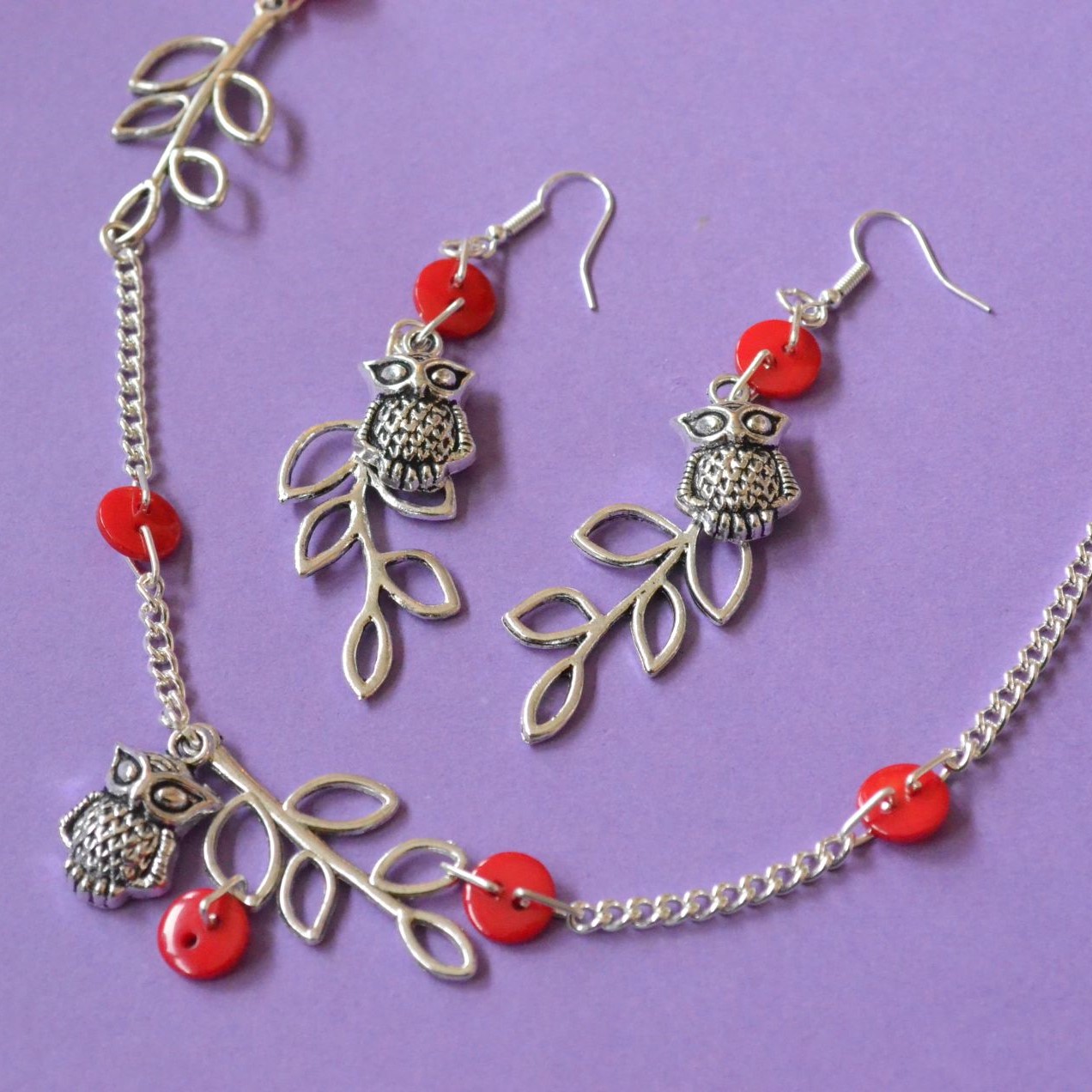 Red Owl & Leaves Necklace