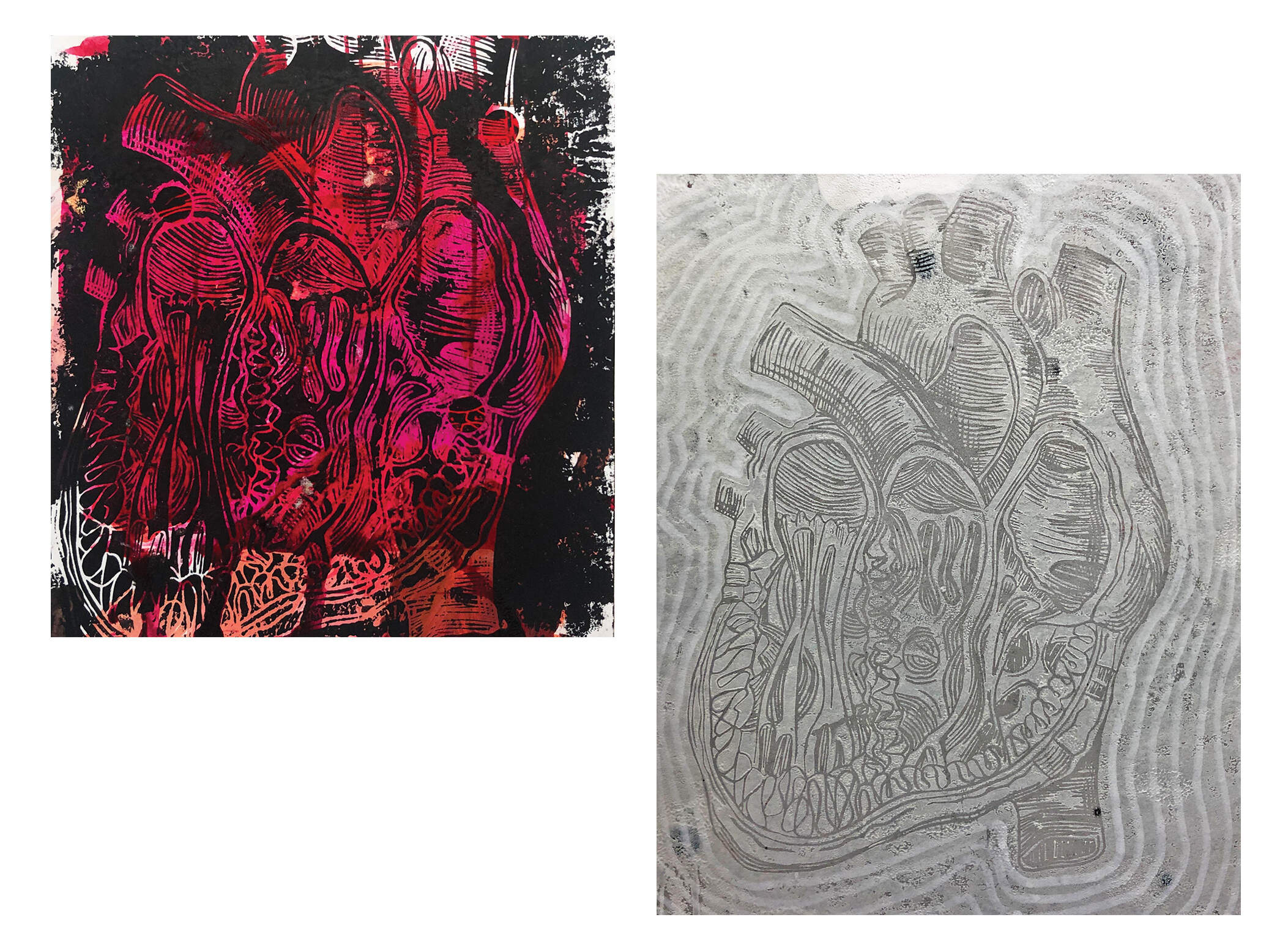 Black Lino print onto pink acrylic paint, and white Lino print onto grey marbling with drawing,  A5