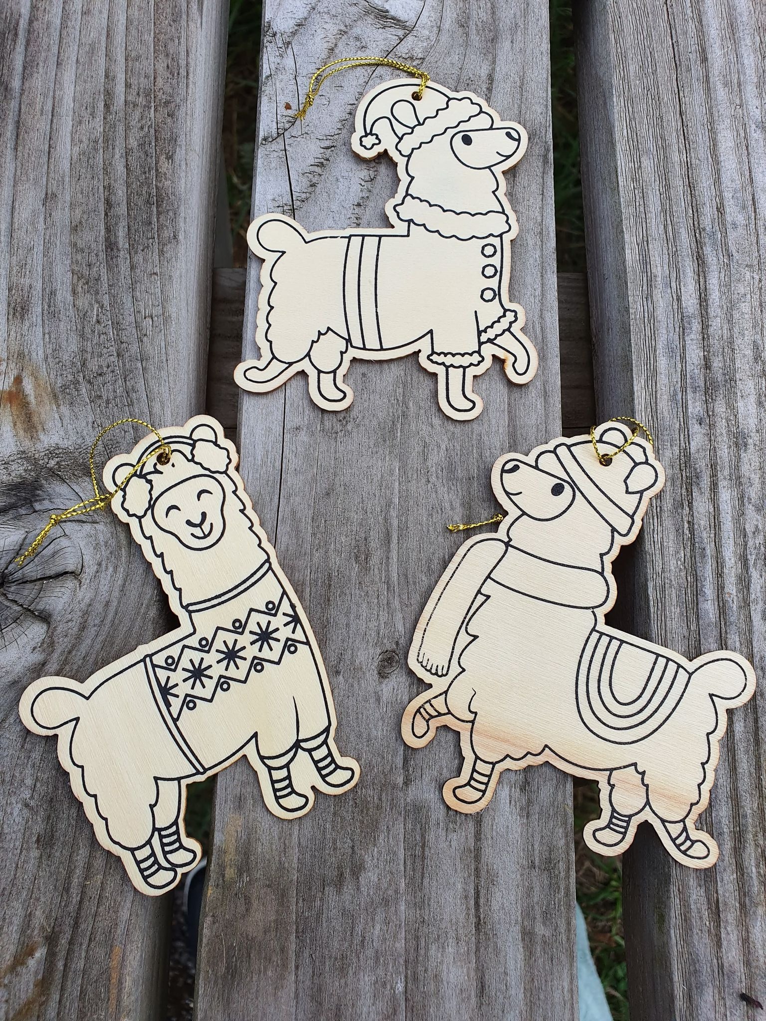 Colour them in 3 Wooden Christmas Decoration