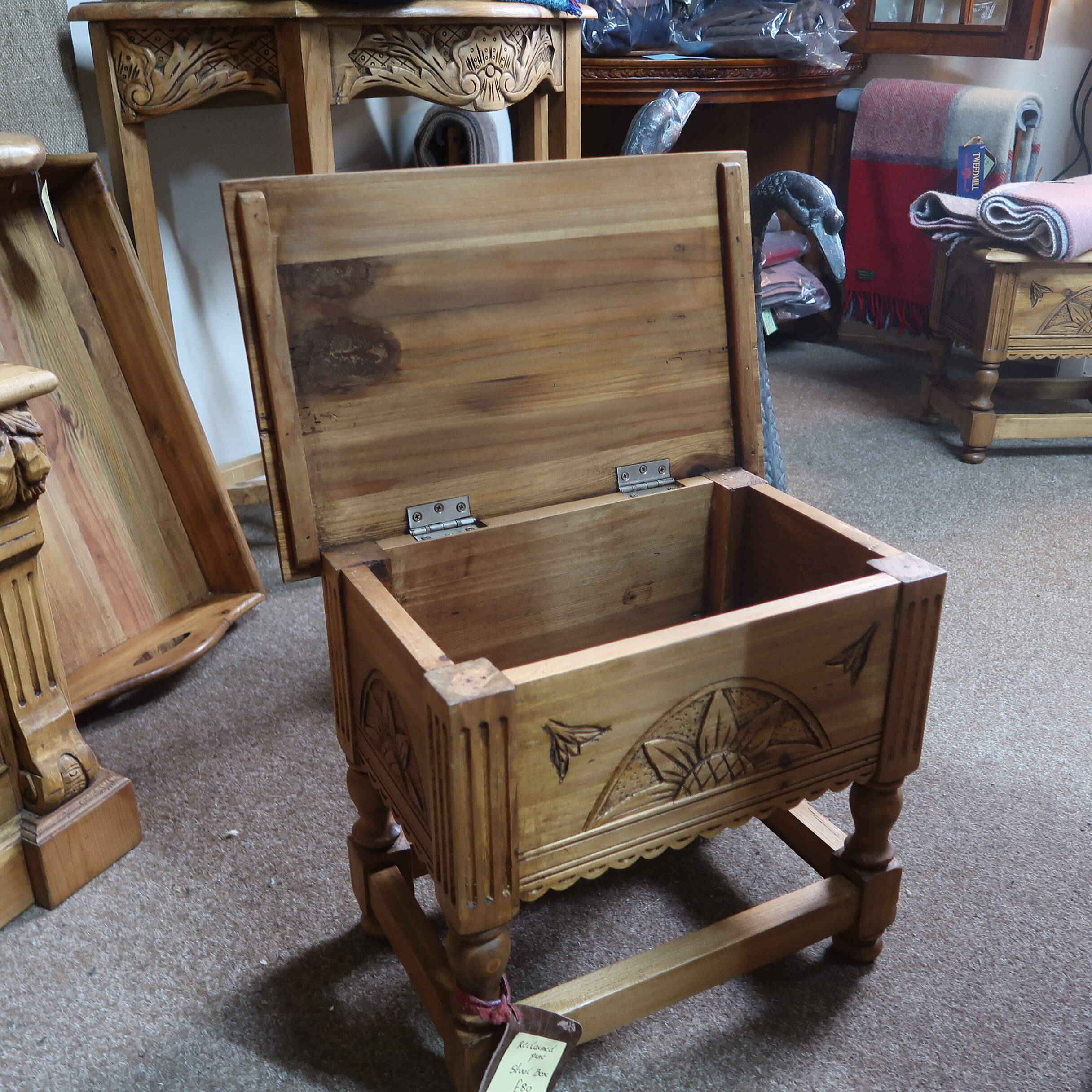 Pine stool/table storage box with lid up.