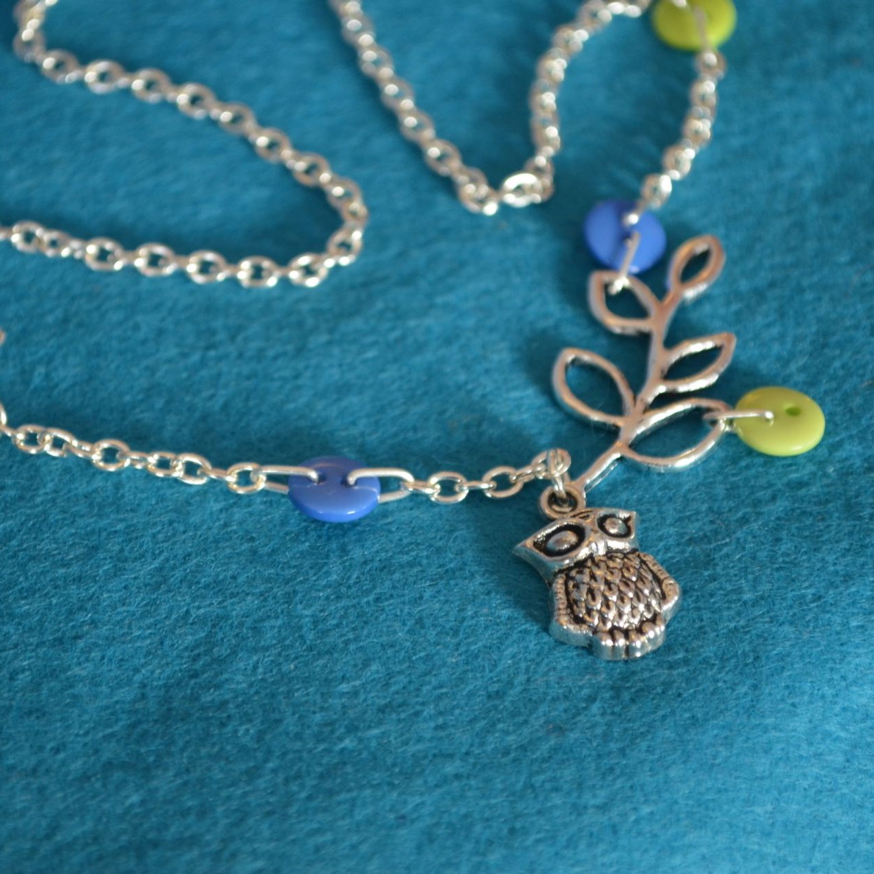 Green & Blue Owls & Leaves Necklace