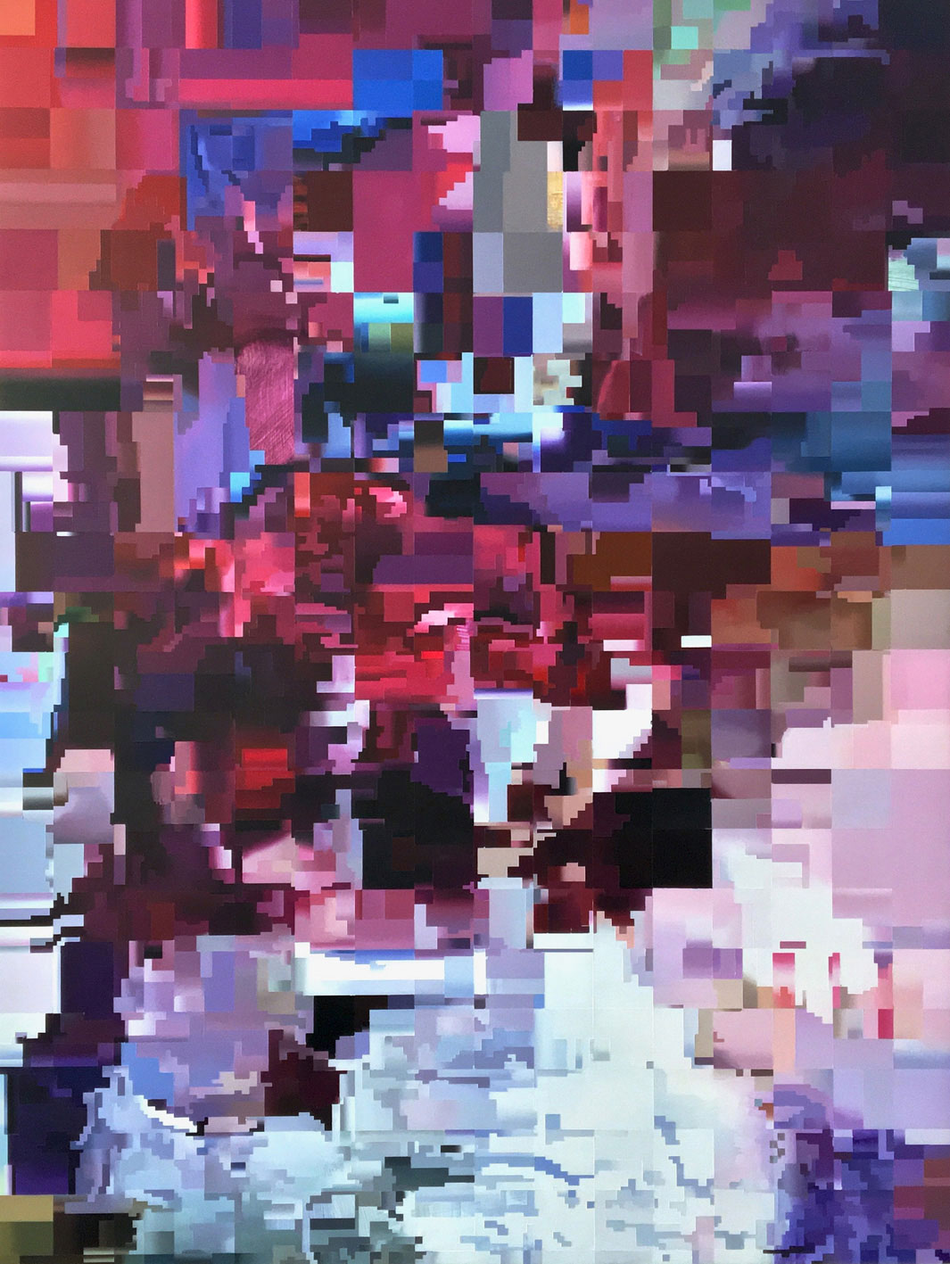 Oil painting by artist and painter Paul Lemmon in rich colours of purple, red and blue depicting a pixelated frame from a glitched digital video