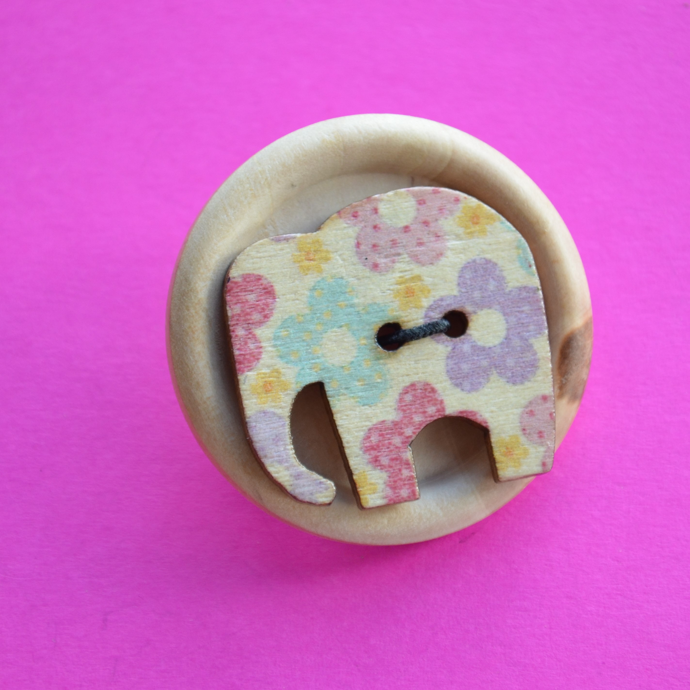 Elephant Wooden Button Brooch