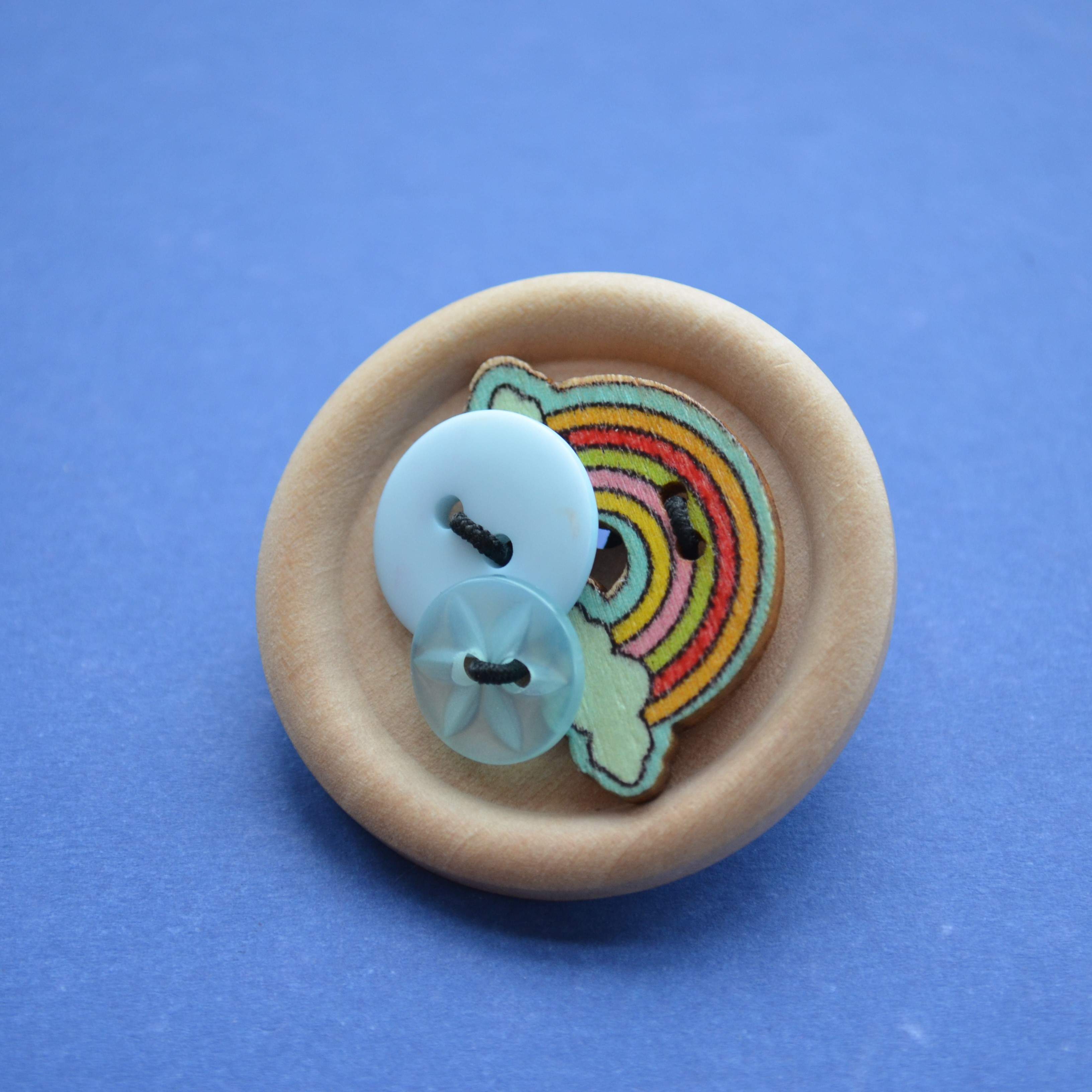 Rainbow Wooden Button Brooch
