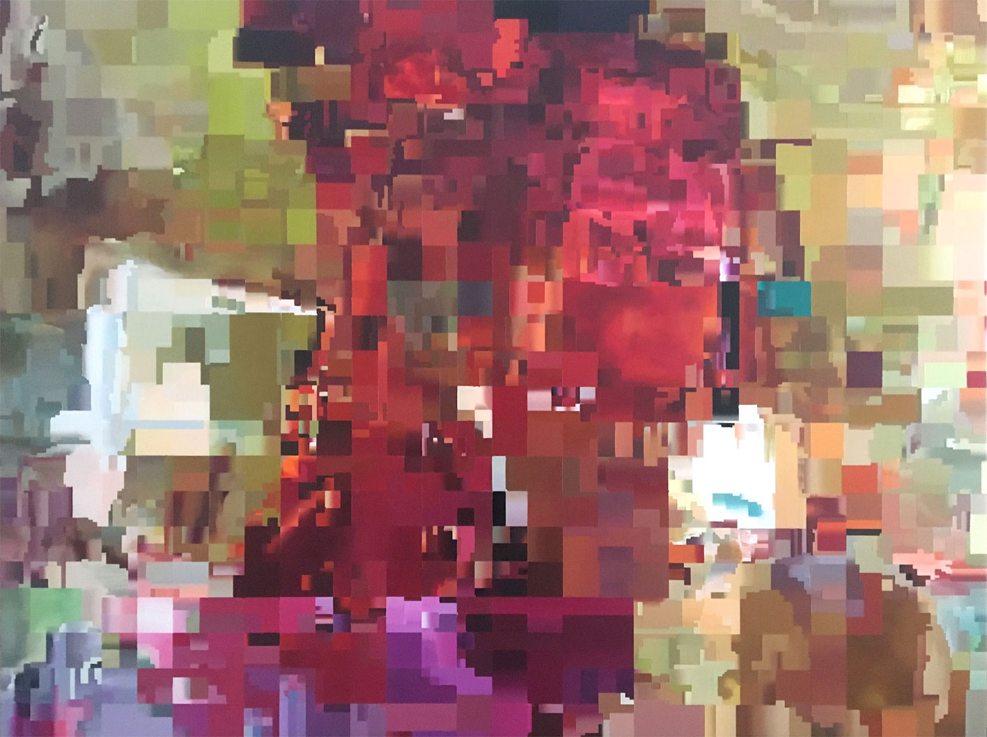 Oil painting by artist and painter Paul Lemmon in rich colours of olive, red and gold depicting a pixelated frame from a glitched digital video