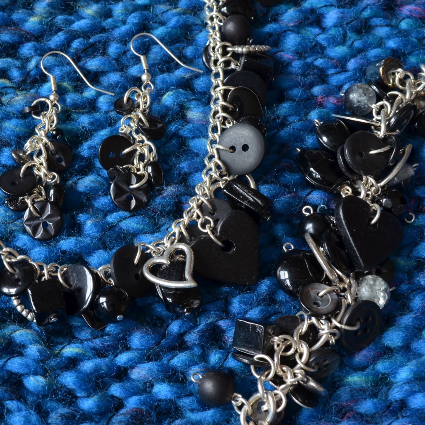 Black Button, Bead & Charm Heart Necklace