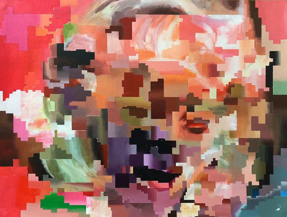 Acrylic painting on paper by artist and painter Paul Lemmon of a frame from a glitched digital video