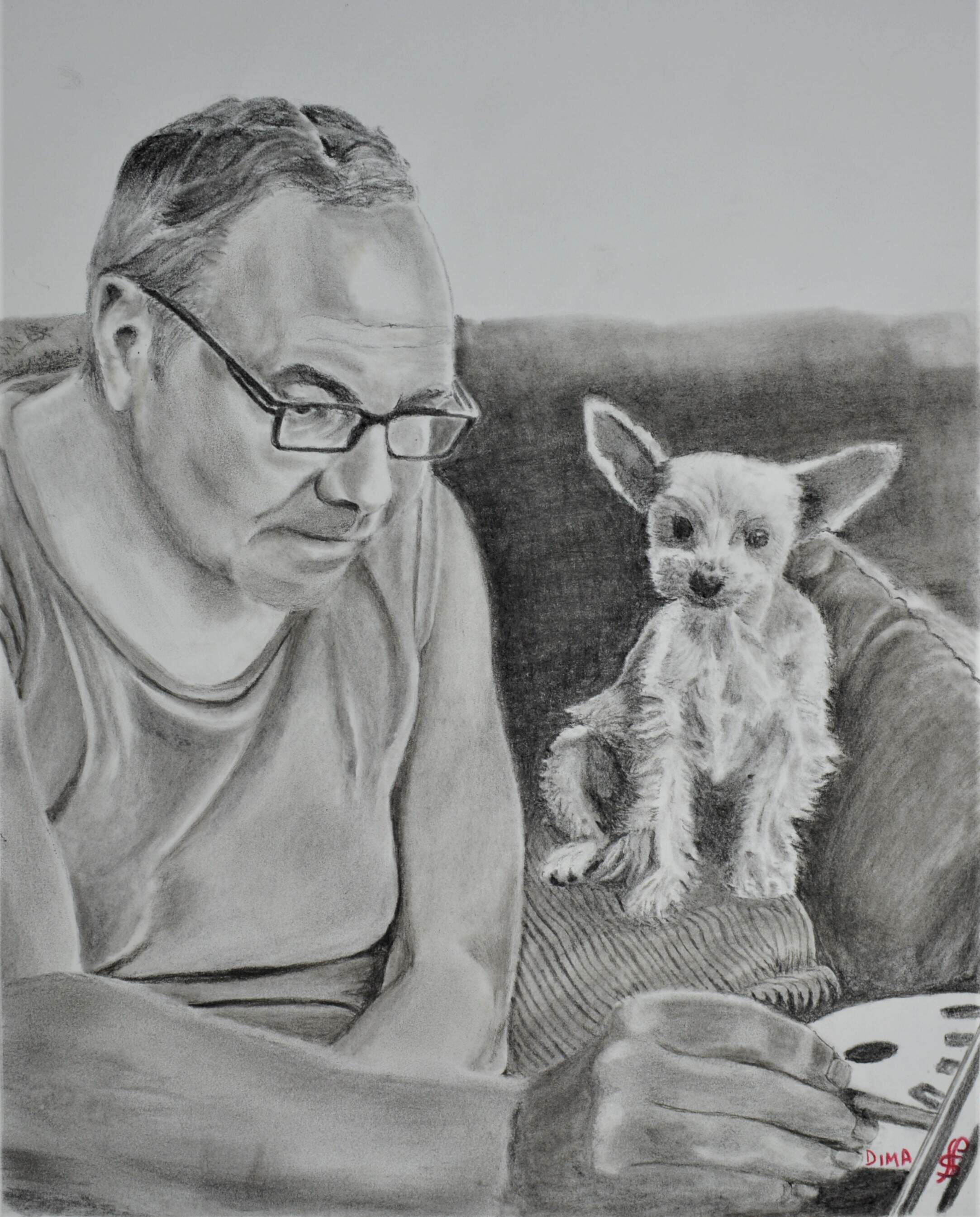 Don at work closely watched by his dog Charlie. Charcoal on white HP cartridge paper.
