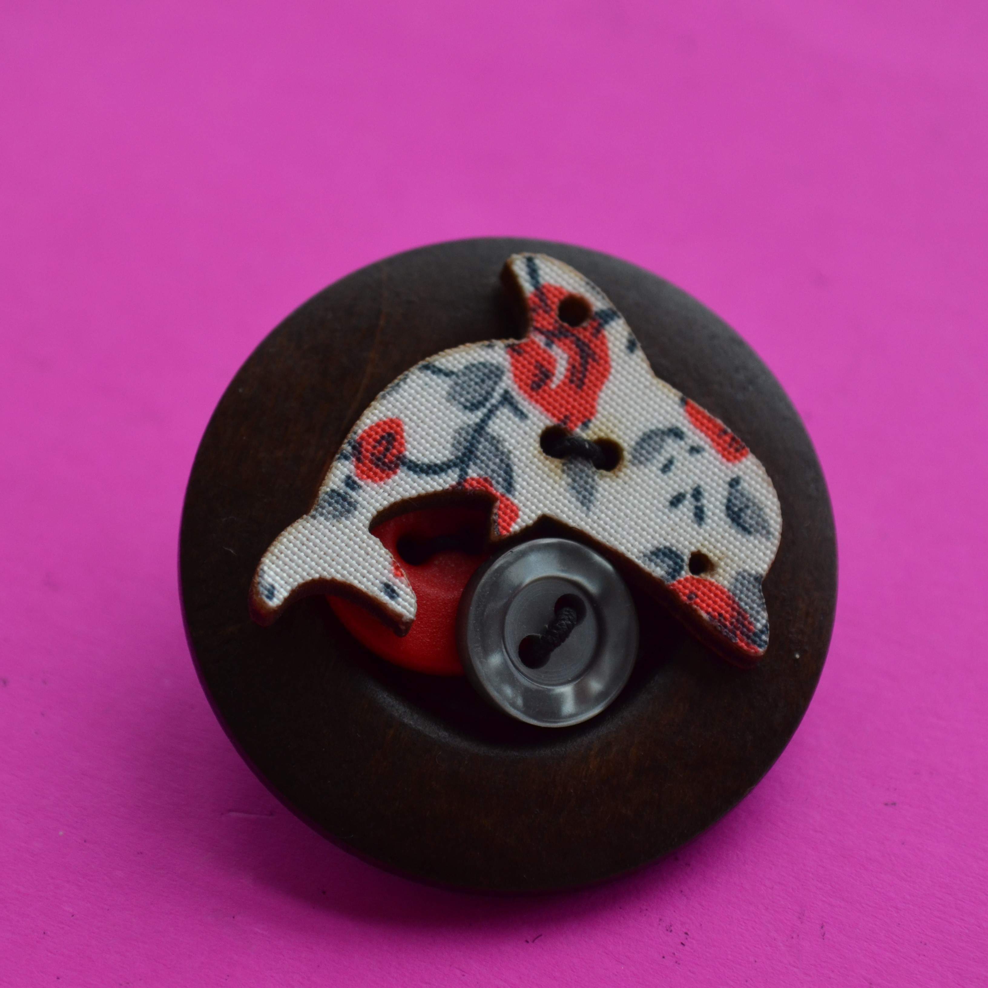 Dolphin Wooden Button Brooch