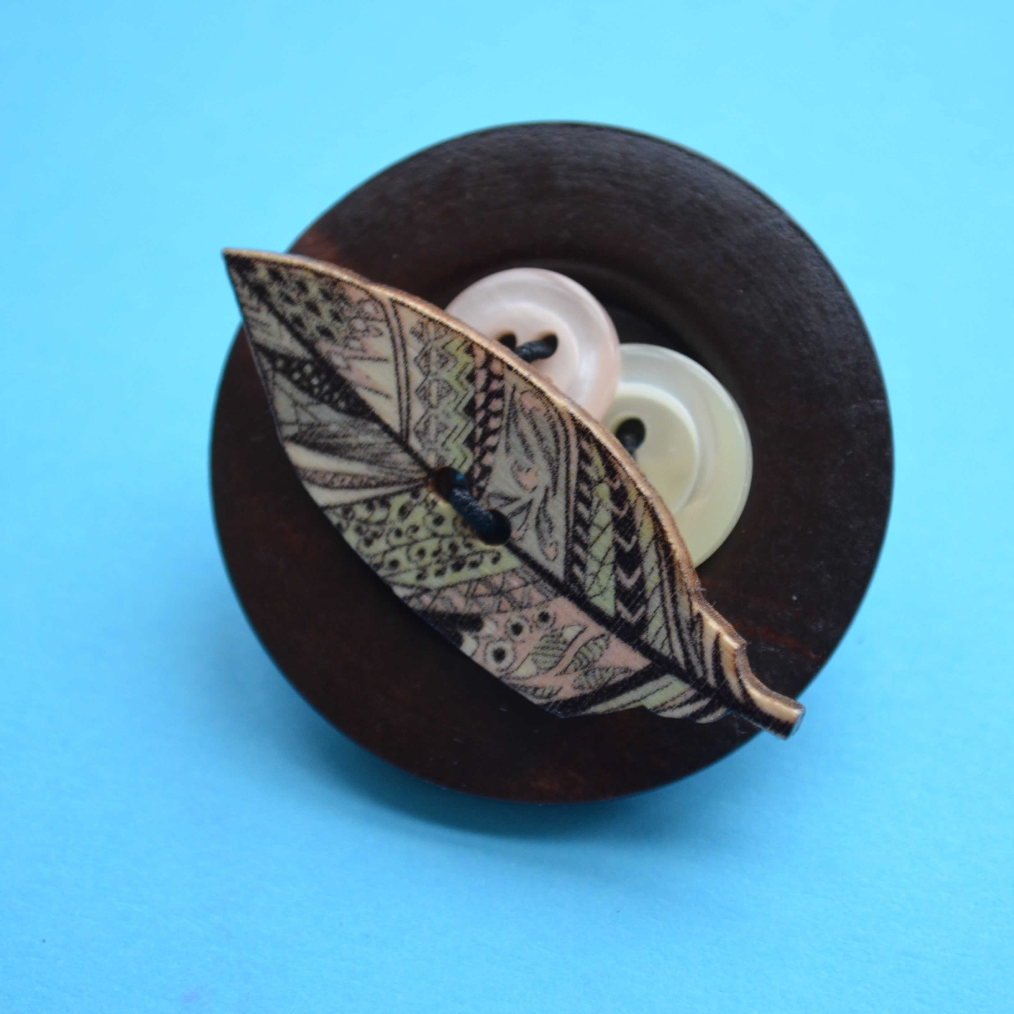 Feather Wooden Button Brooch