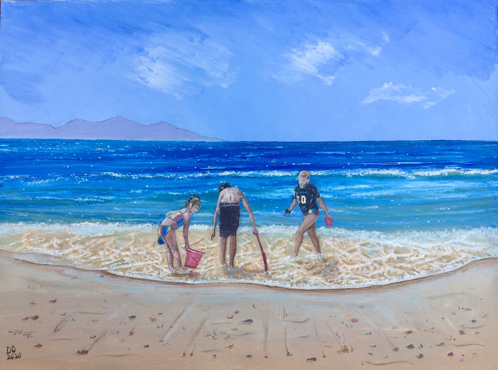 oil painting of children playing on Dinas Dinlle Beach