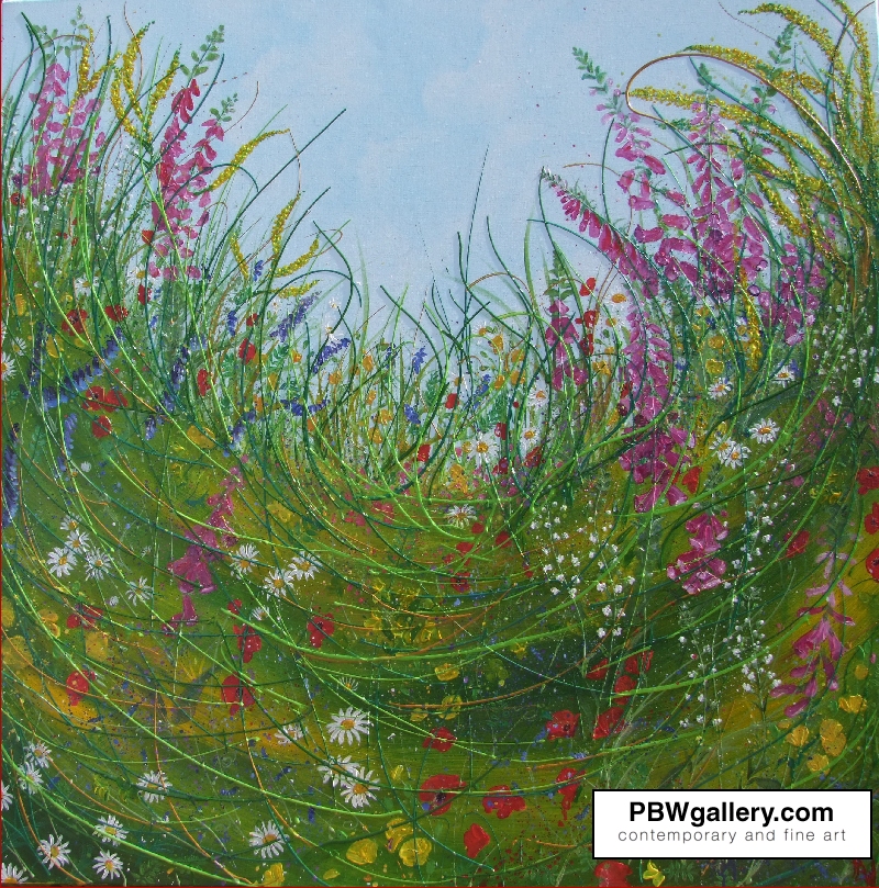 This original painting of a Five Acre wildflower meadow contains Foxgloves