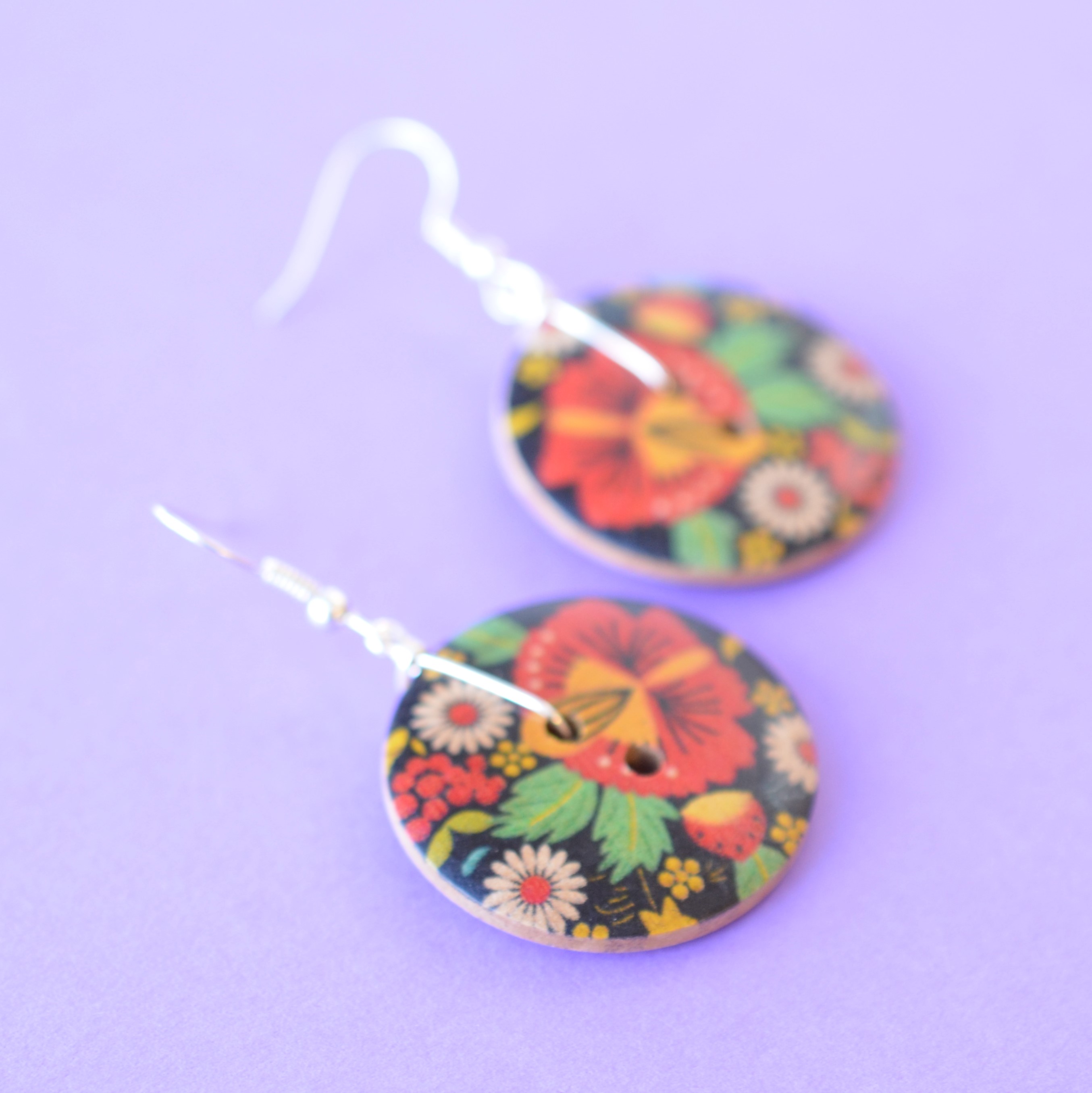 Floral Russian Folk Art Style Single Button Earrings