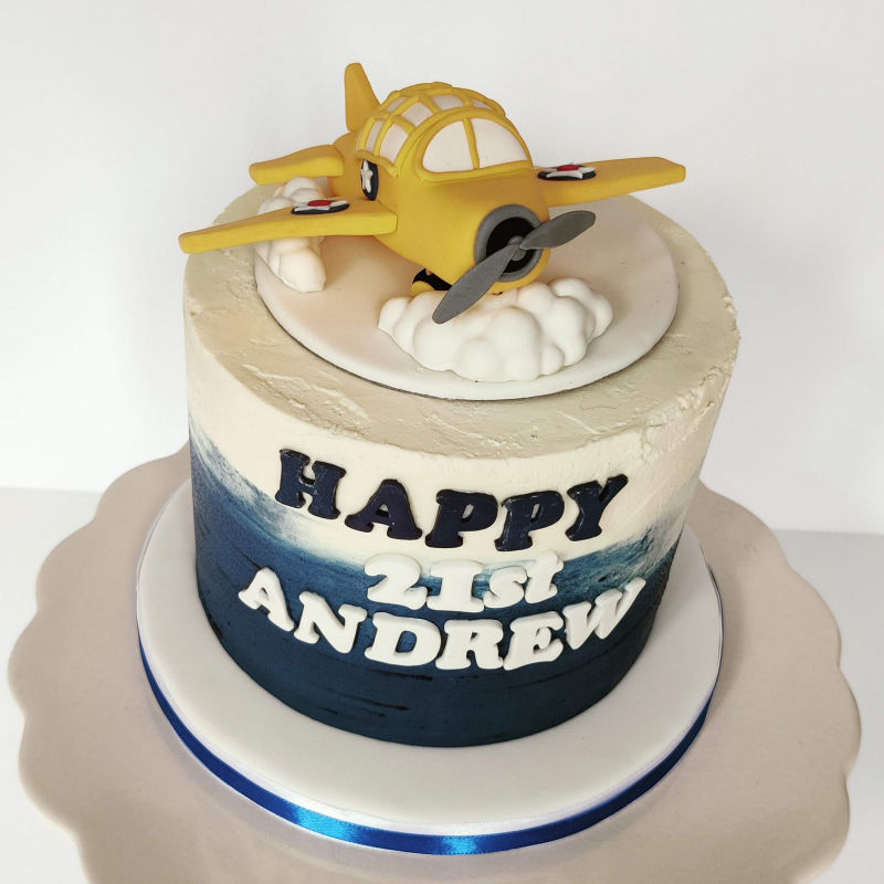 A plane themed birthday cake with plane topper.