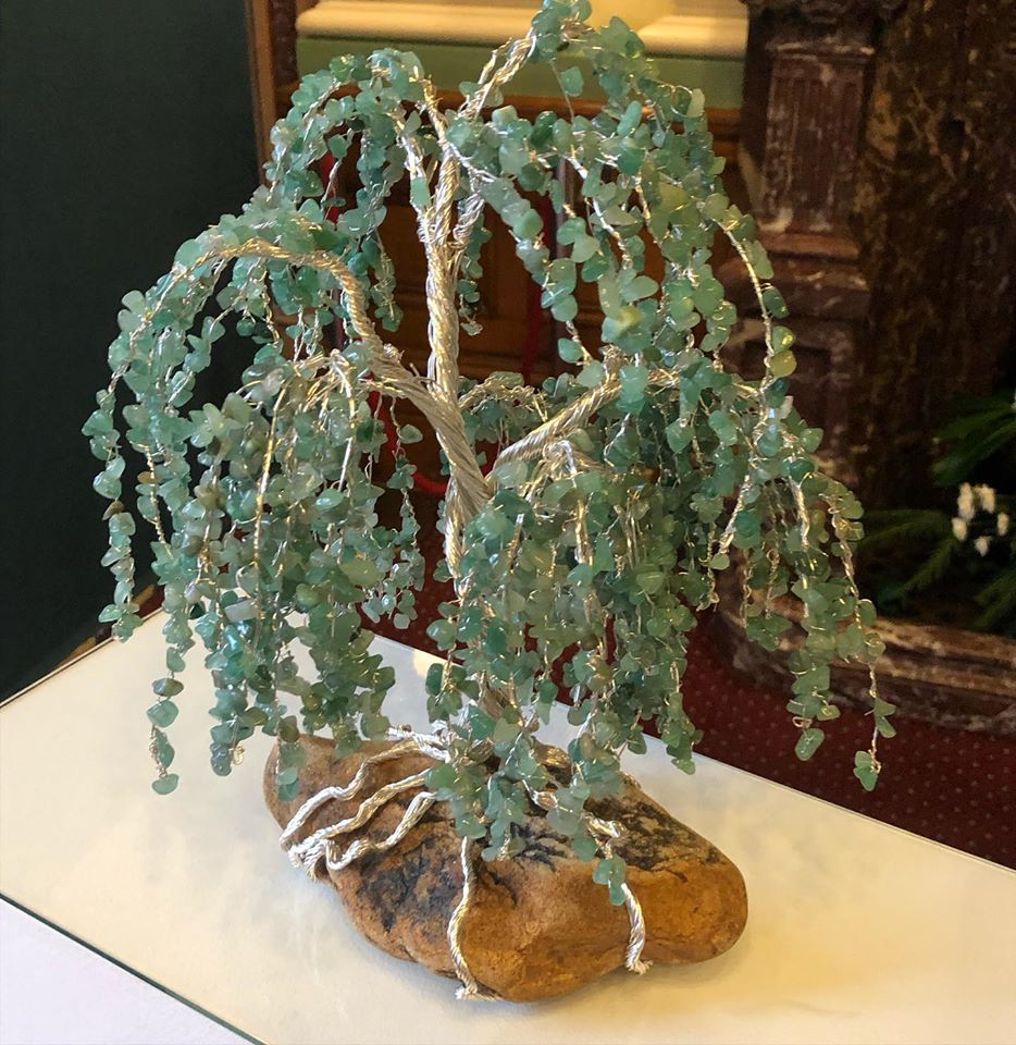 A beautiful Willow tree on a rock made from silver wire and aventurine gemstone chips