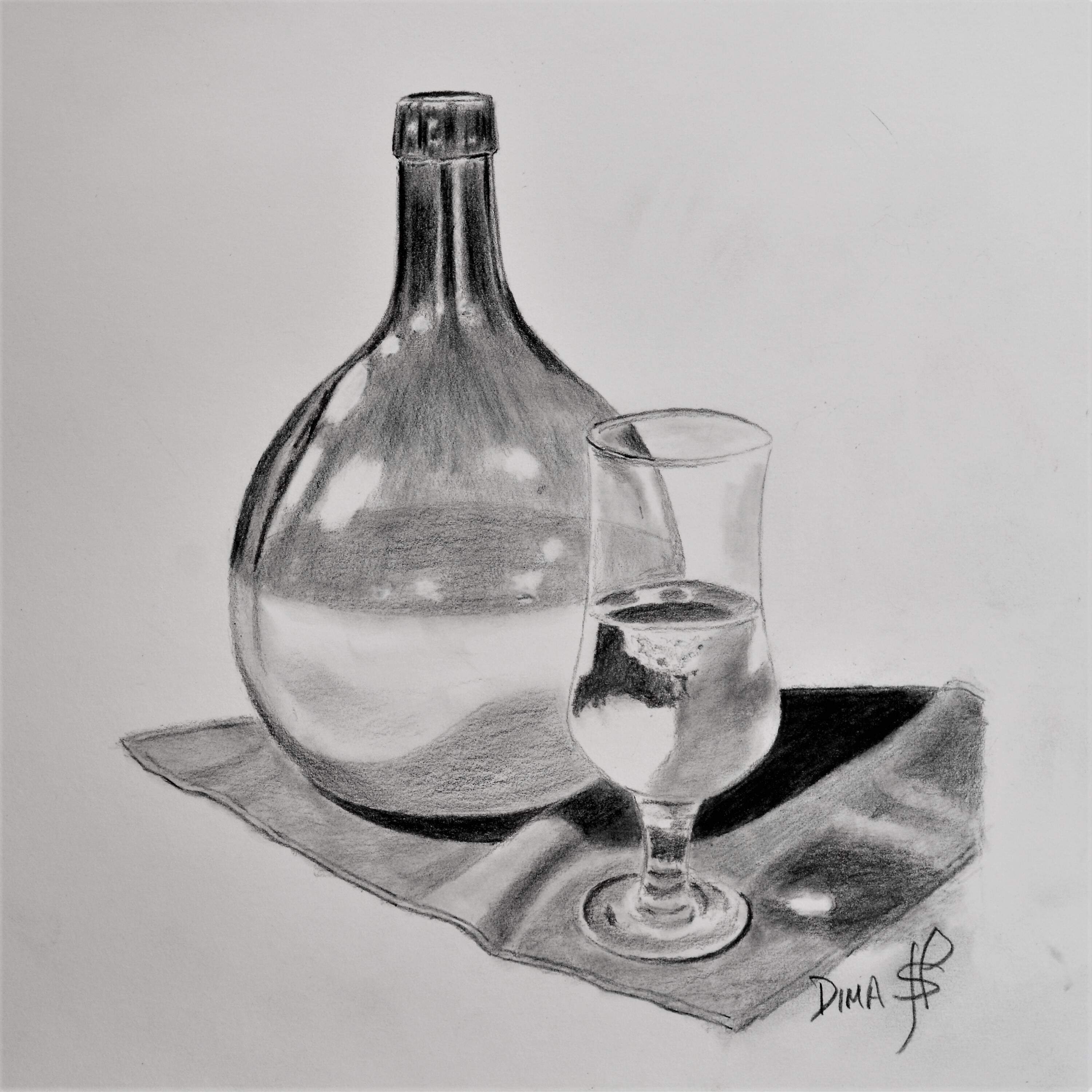 Half filled water carafe with glass and ice cube drawing. Soft graphite on white HP 300gsm paper