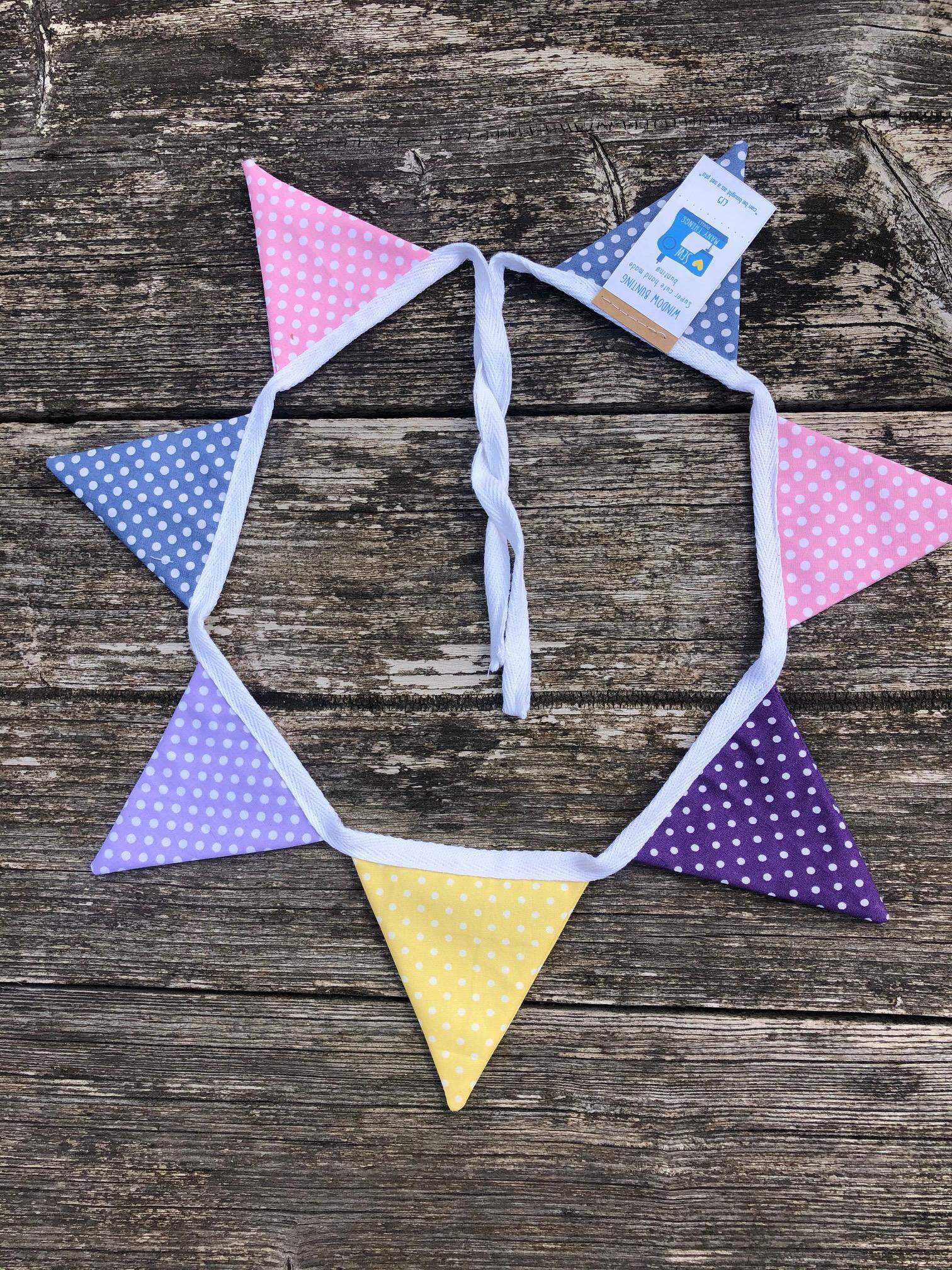 Bunting perfect for hanging in windows. Various colours