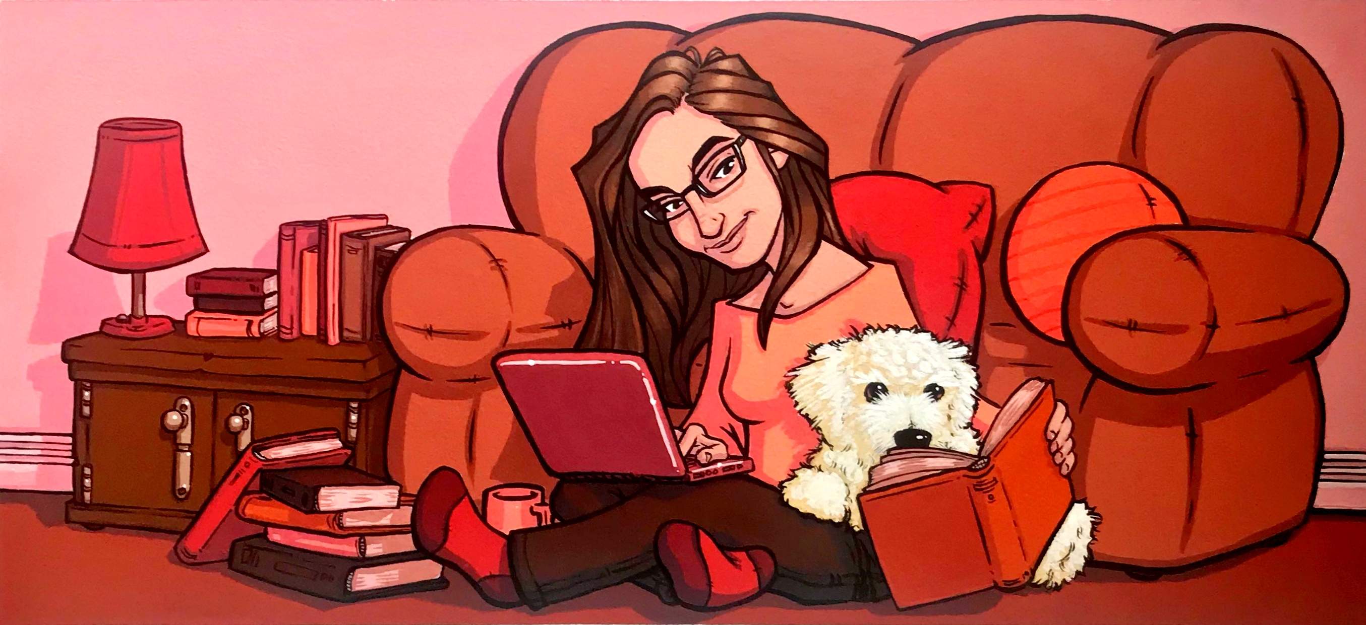 Candida Bradford, sitting on the floor with a laptop, with her dog, surrounded by books.