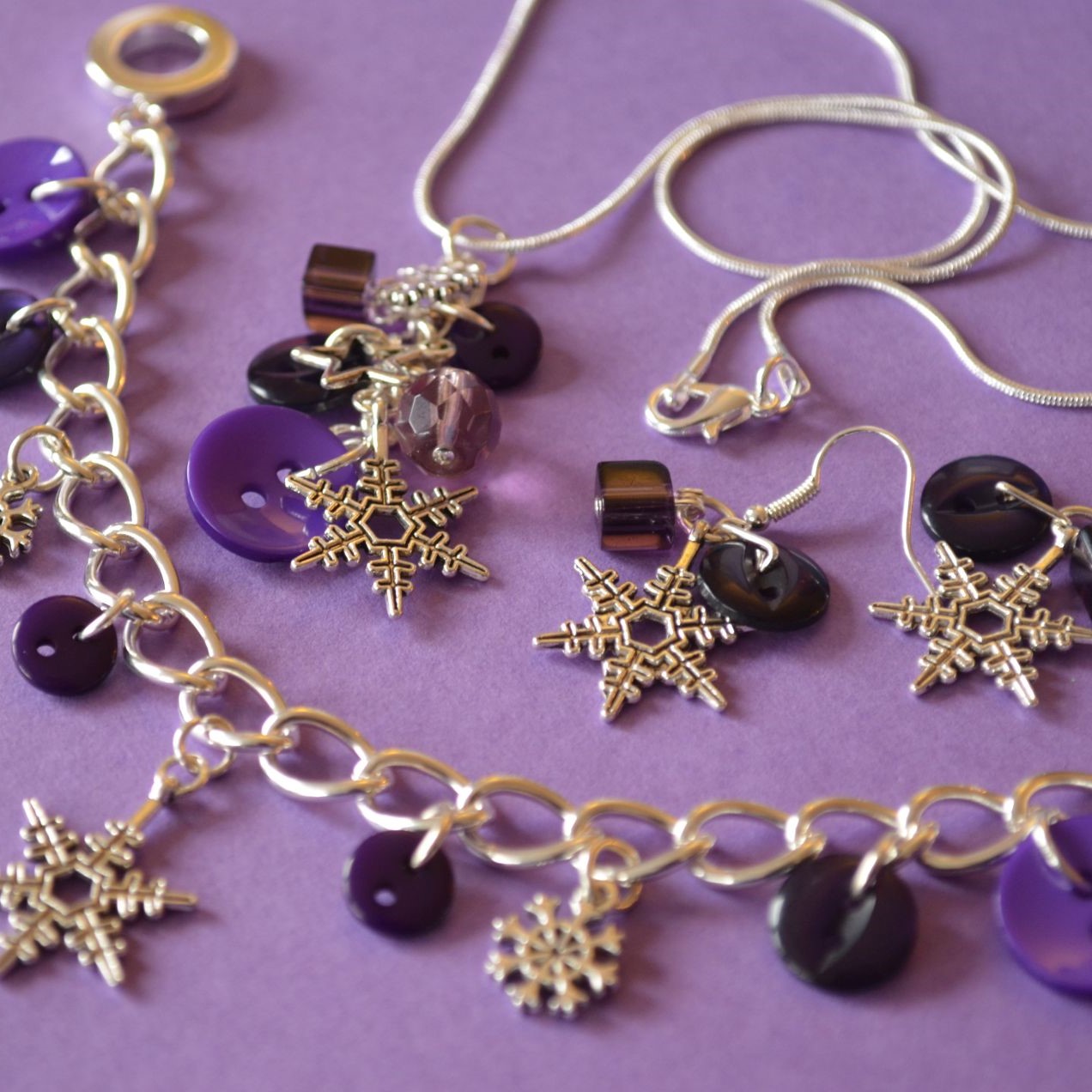 Dark Purple Snowflake Cluster Button Charm Earrings