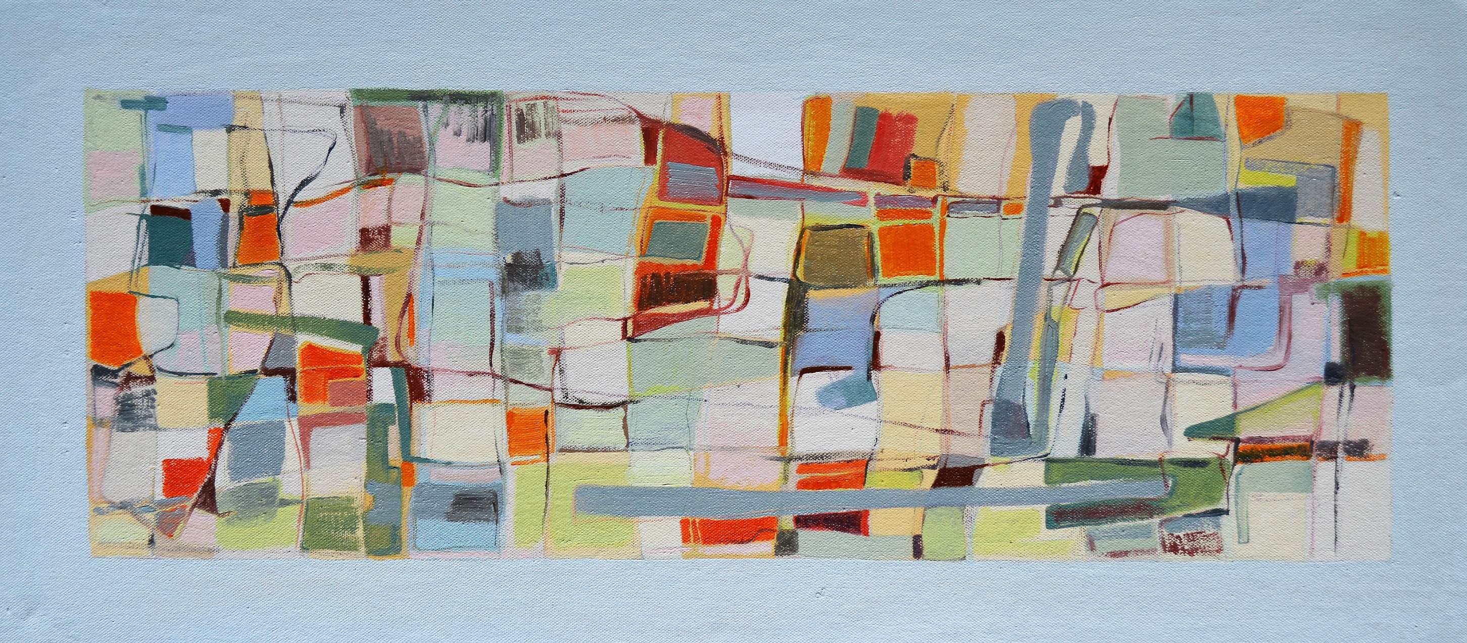 'Patterning # 9' 2020. Oil, crayon on canvas. Framed size 60cm x 26cm.