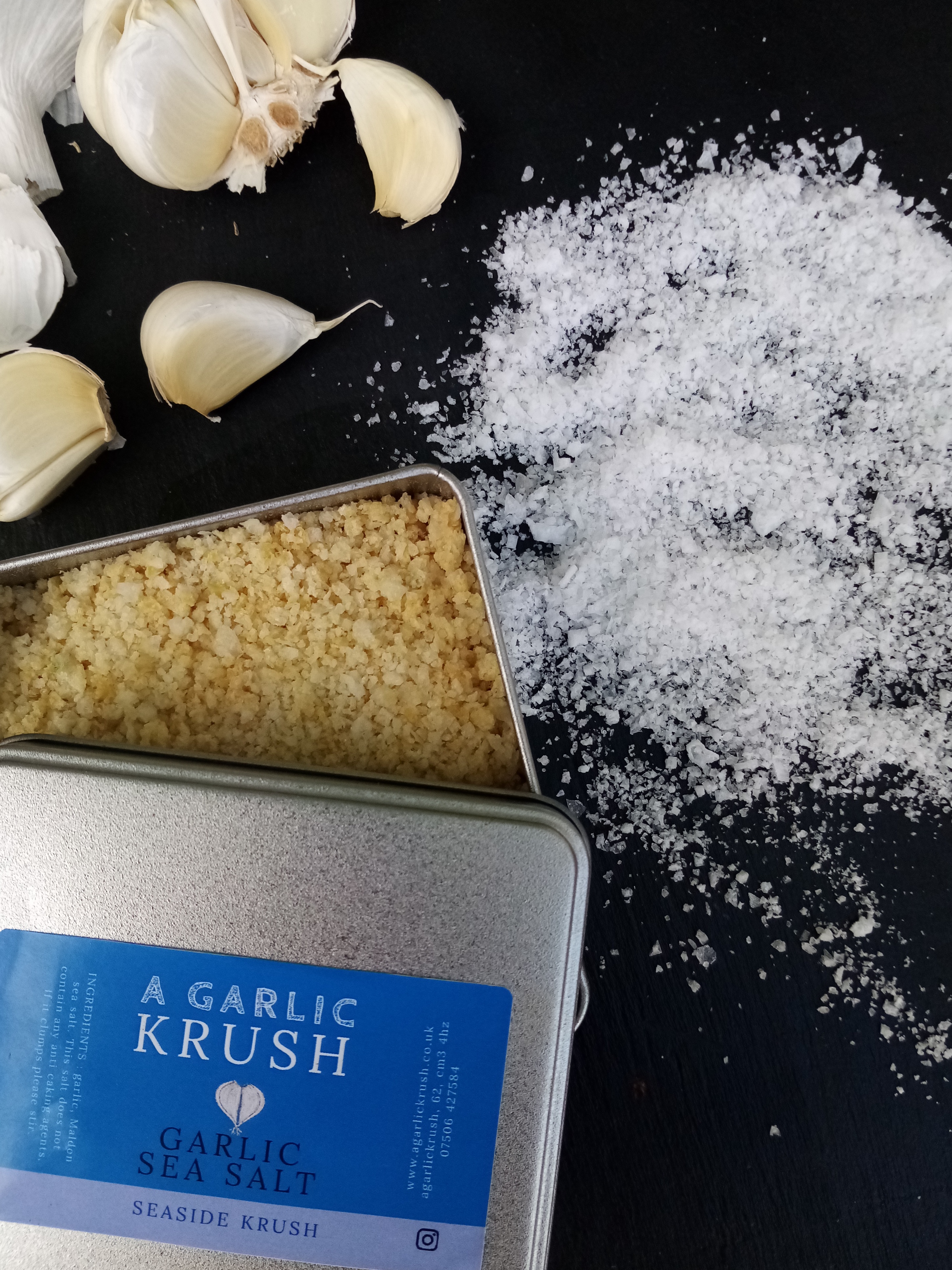 Garlic Sea Salt. Seaside Krush Chef tin 220 grams