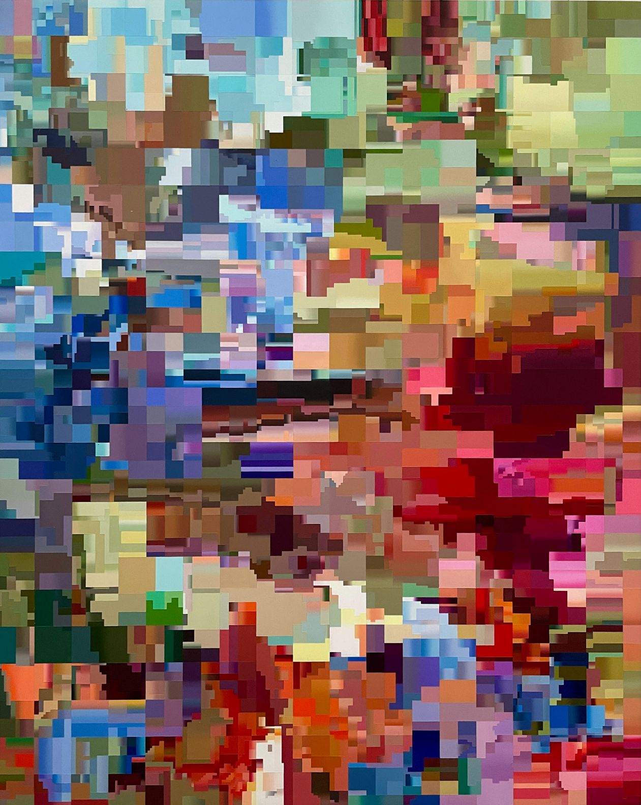 Oil painting by artist and painter Paul Lemmon in bright colours of blue, red and pink depicting a pixelated frame from a glitched digital video