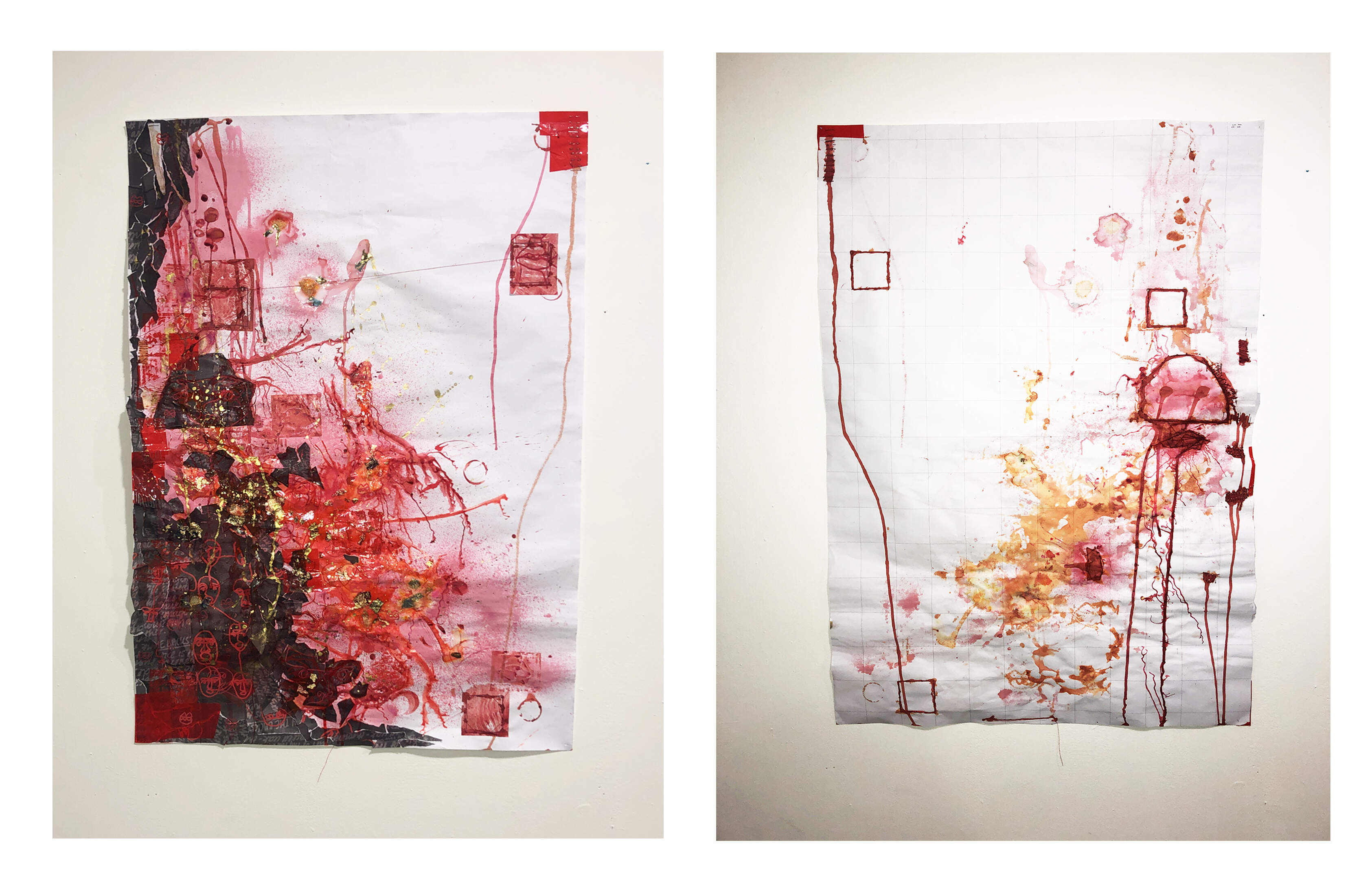 The front and back of an outcome featuring thread, ink, pen, gold leaf and collage