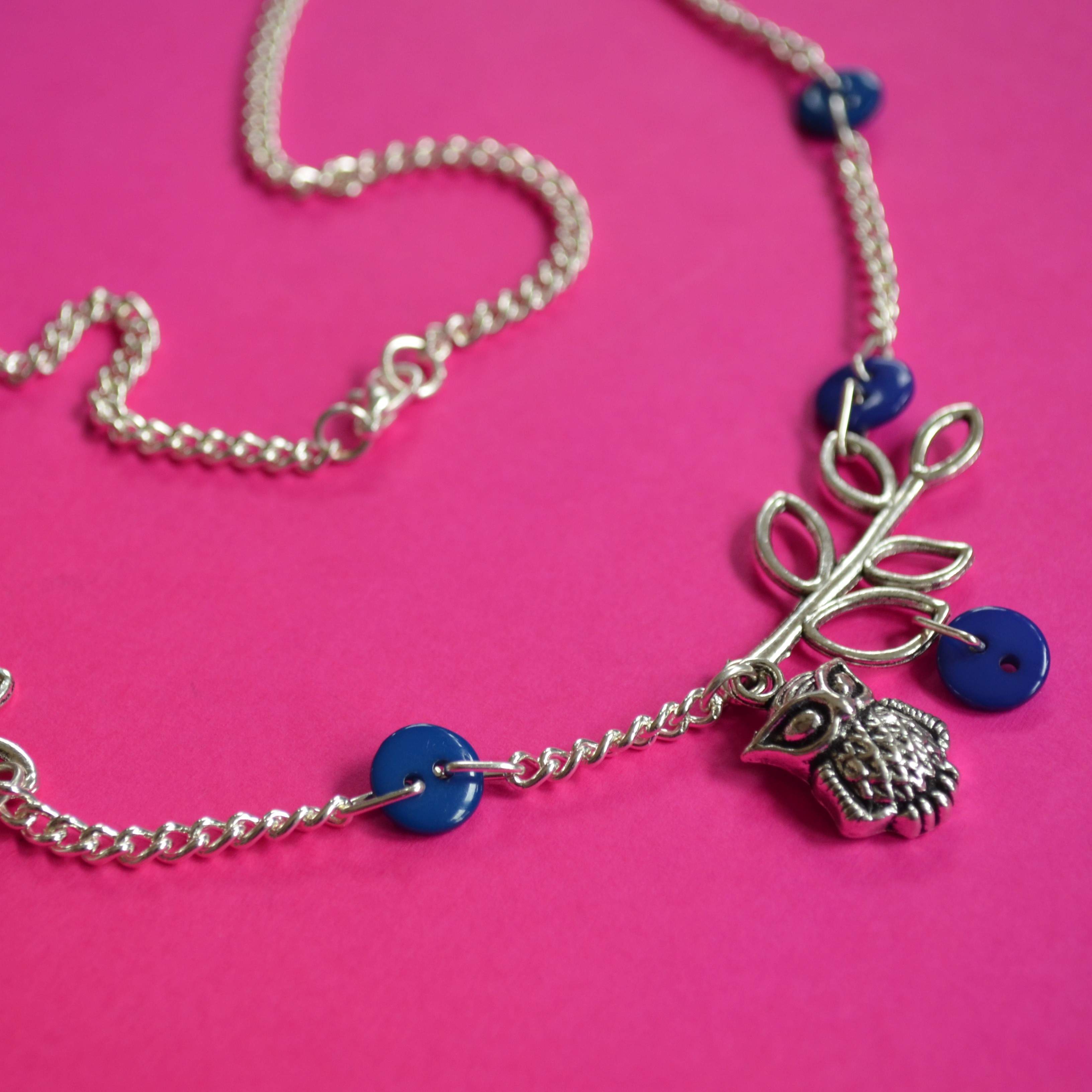 Blue Owl & Leaves Necklace