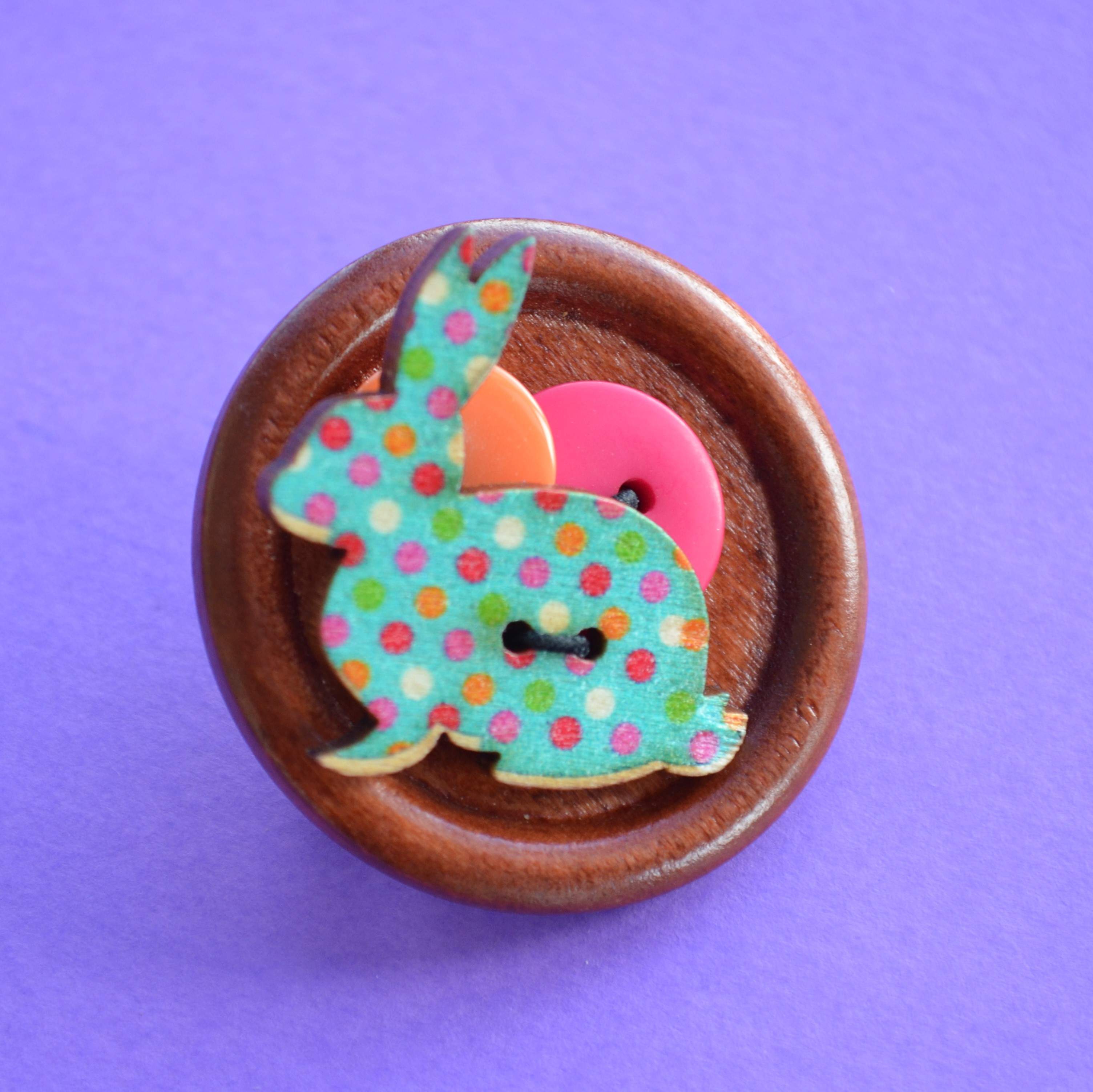 Rabbit Wooden Button Brooch