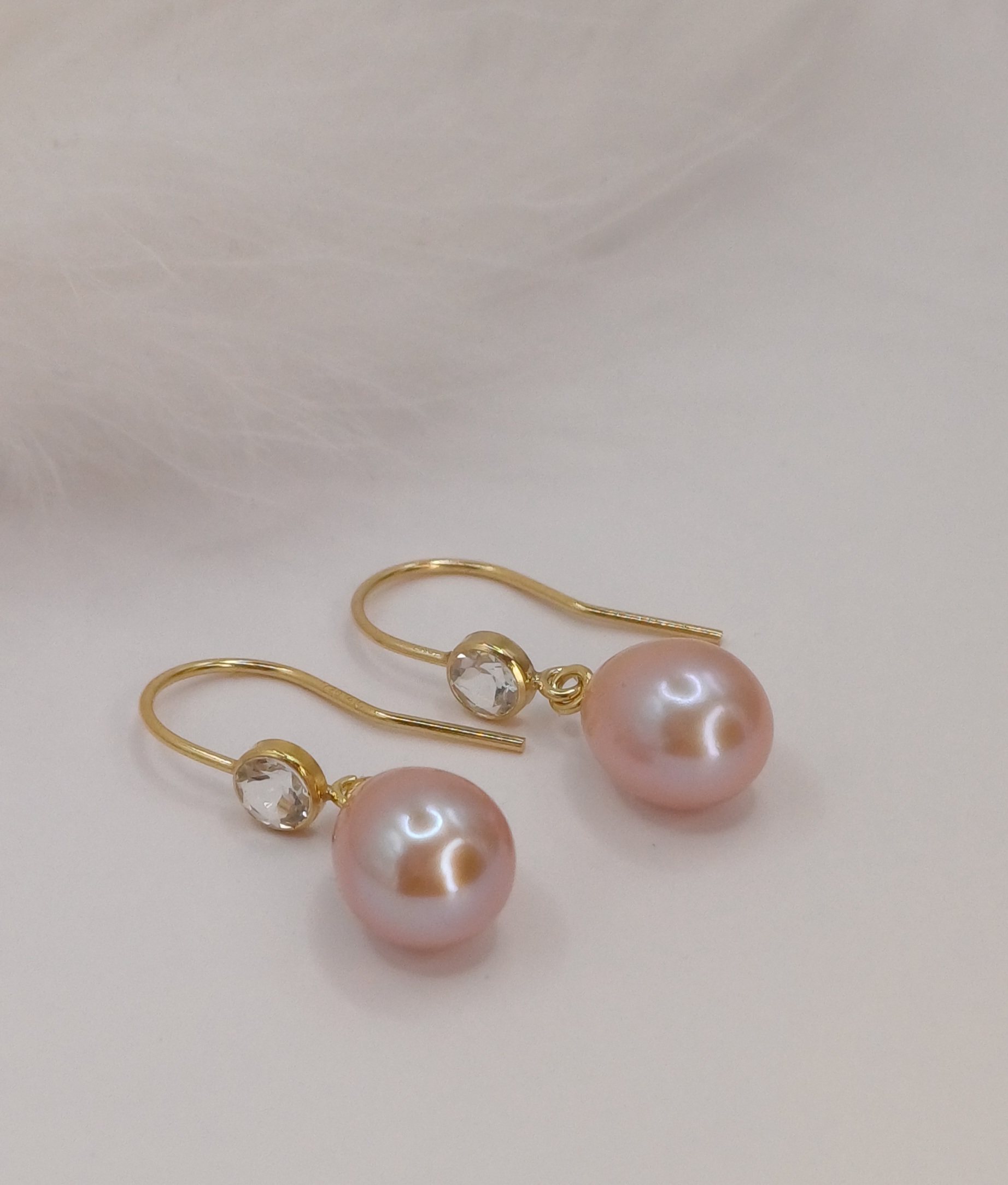 14K Gold Topaz and Pink Pearl Drop Earrings