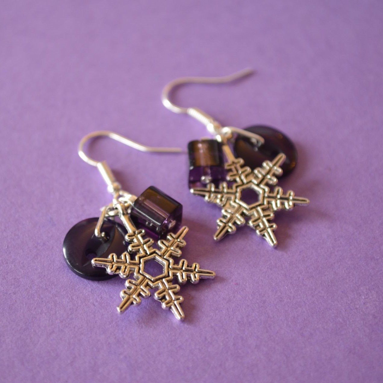 Dark Purple Snowflake Cluster Button Charm Earrings