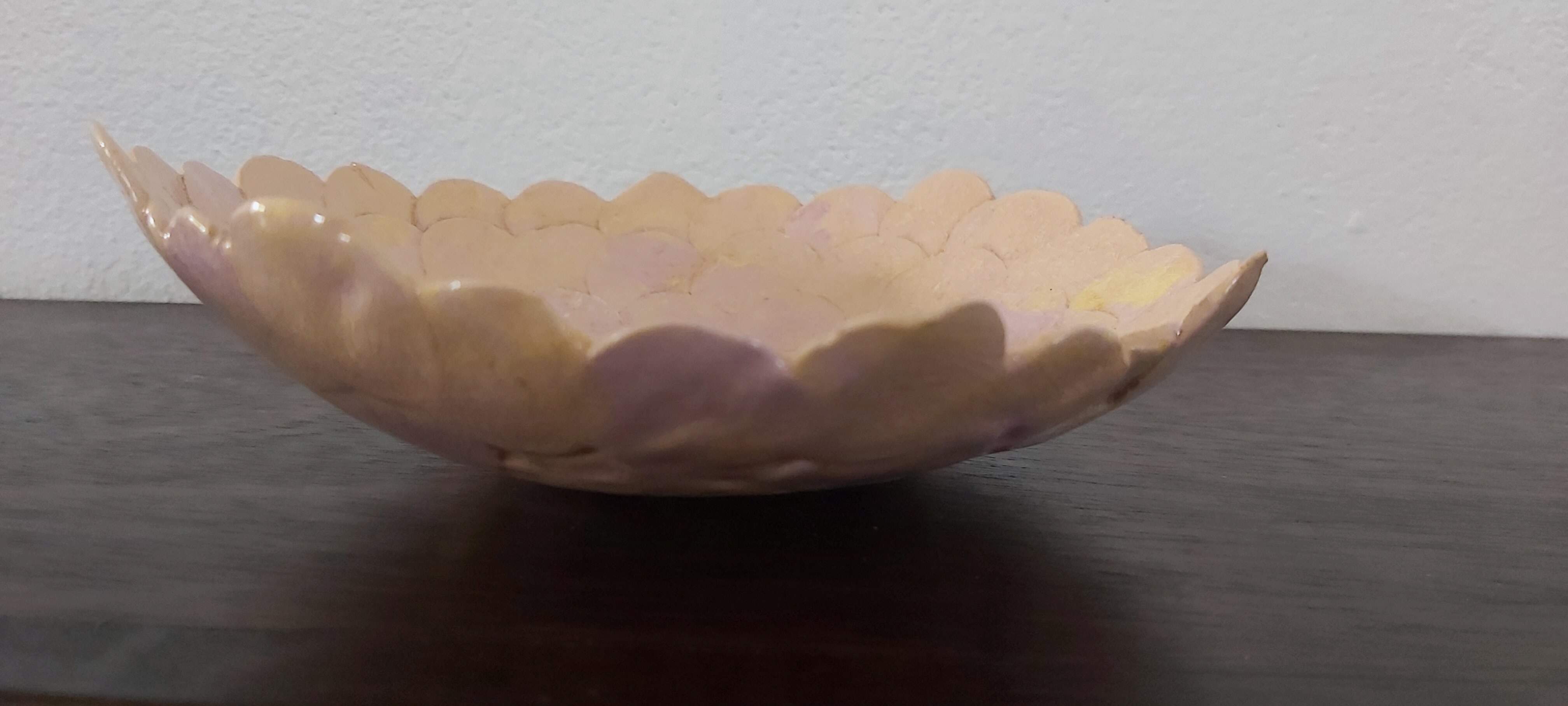 Coloured pink & yellow porcelain dish/bowl with clear glaze