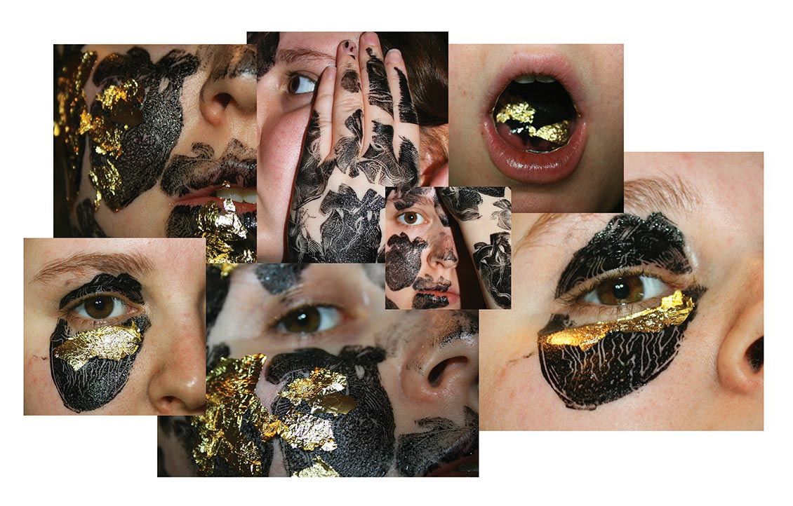 A digital collage of performance with inclusion of Lino prints and gold leaf