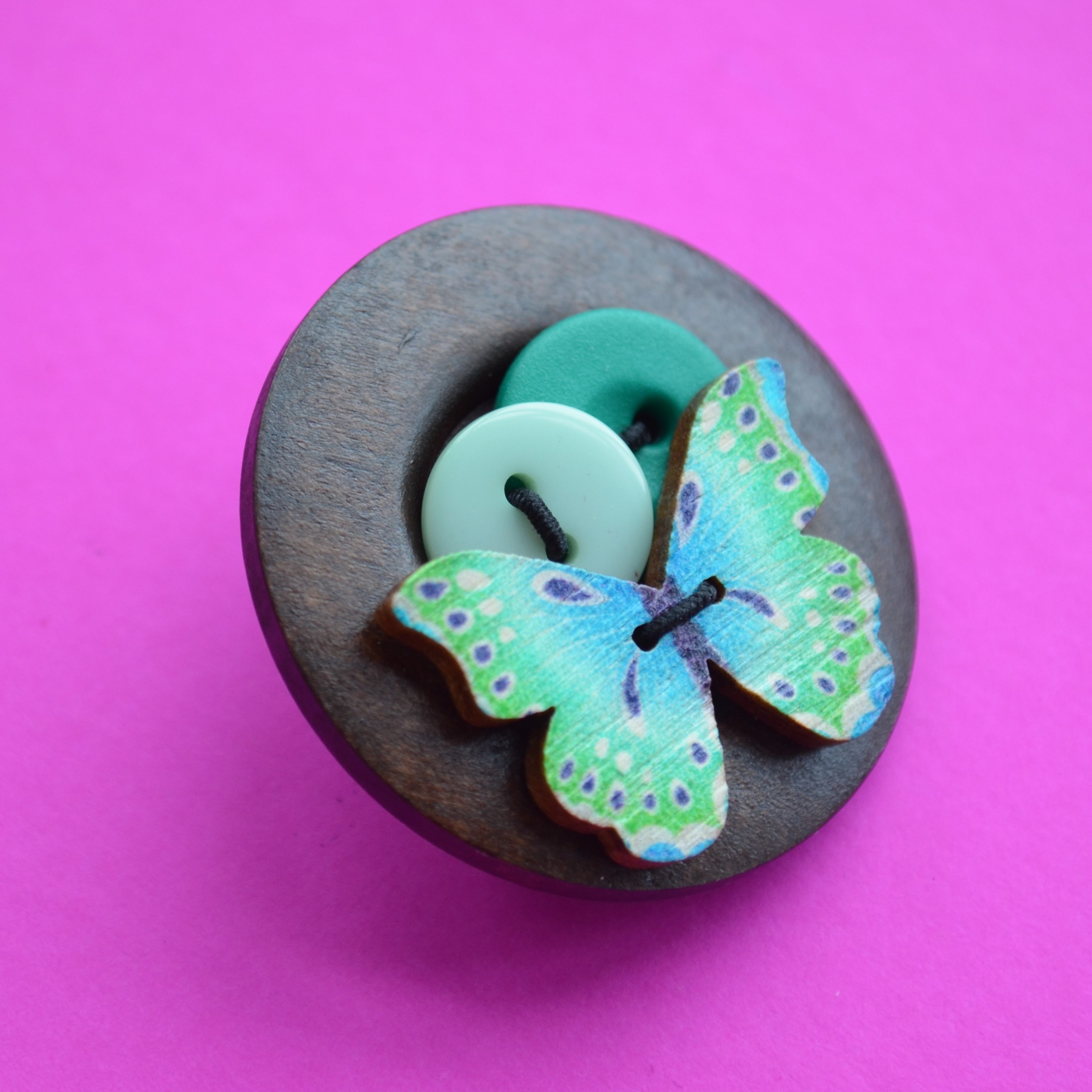 Butterfly Wooden Button Brooch