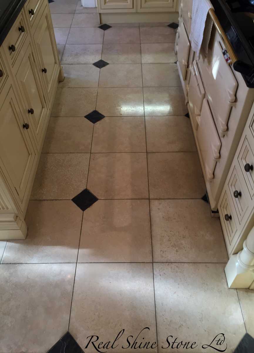 Travertine floor cleaning in kitchen - picture before